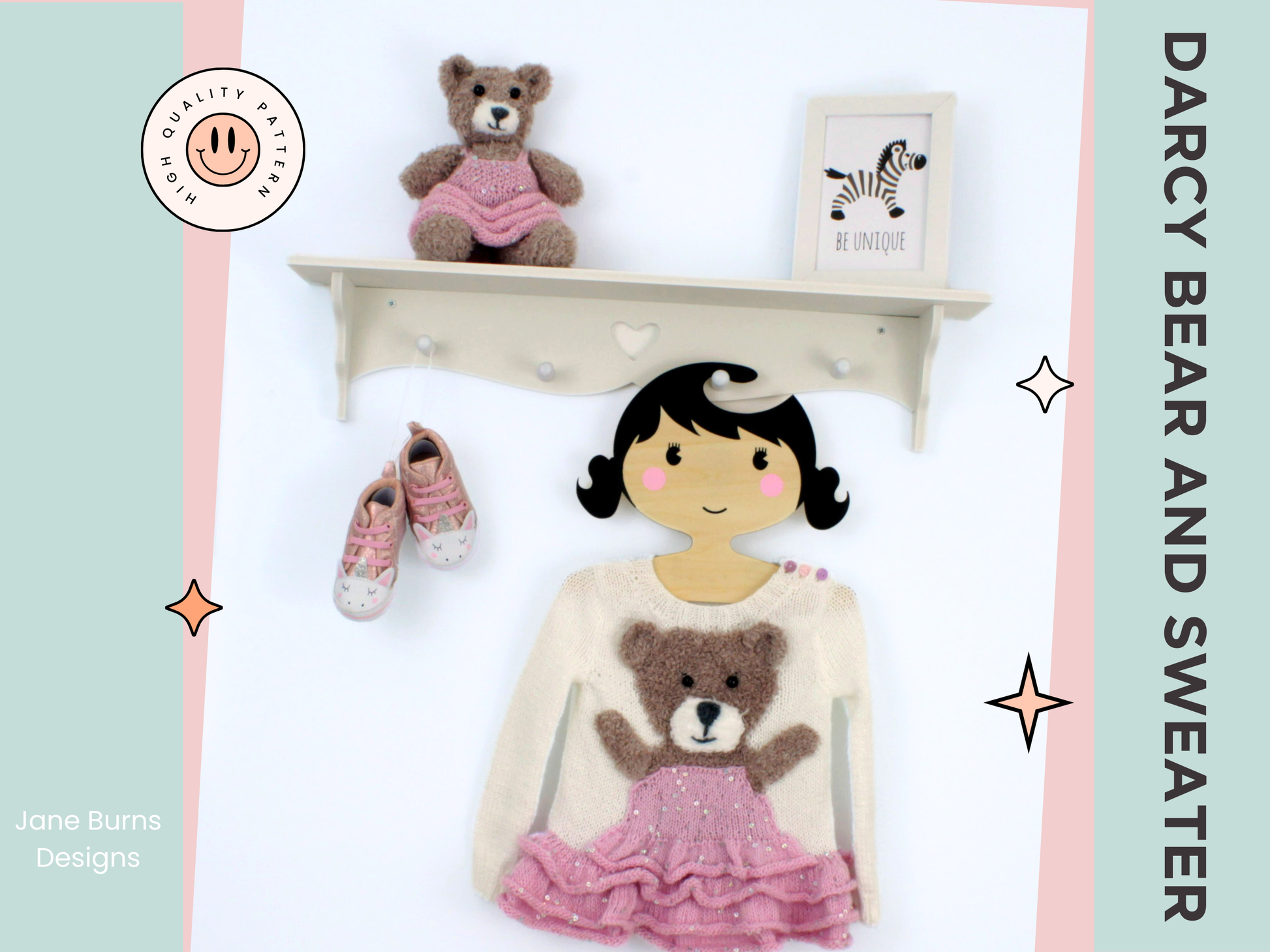 kids jumper with fluffy teddy bear wearing a sparkly tutu on the front of a kids sweater with ruffles. White sweater with beige fluffy bear wearing a pink sequin tutu. matching fluffy teddy toy also wearing a tutu. knitting pattern jane burns