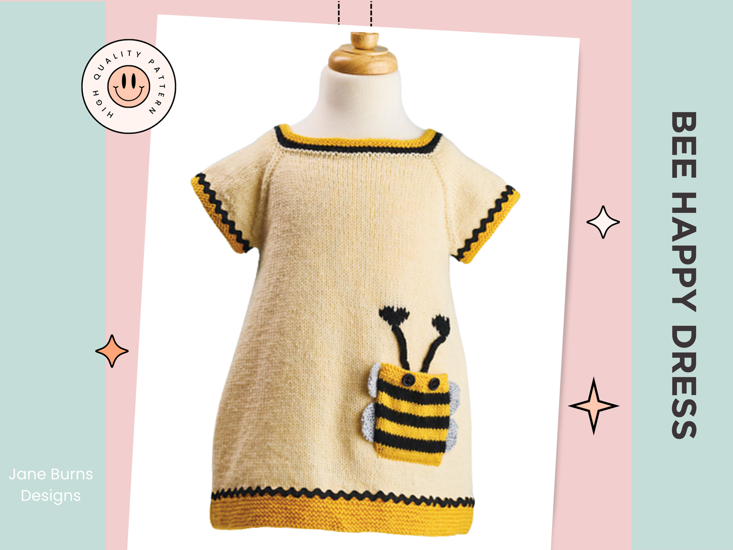 Bumble Bee knitted dress pattern, knitted dress knitting pattern, seamless top down construction with bumble pocket and trim jane burns designs