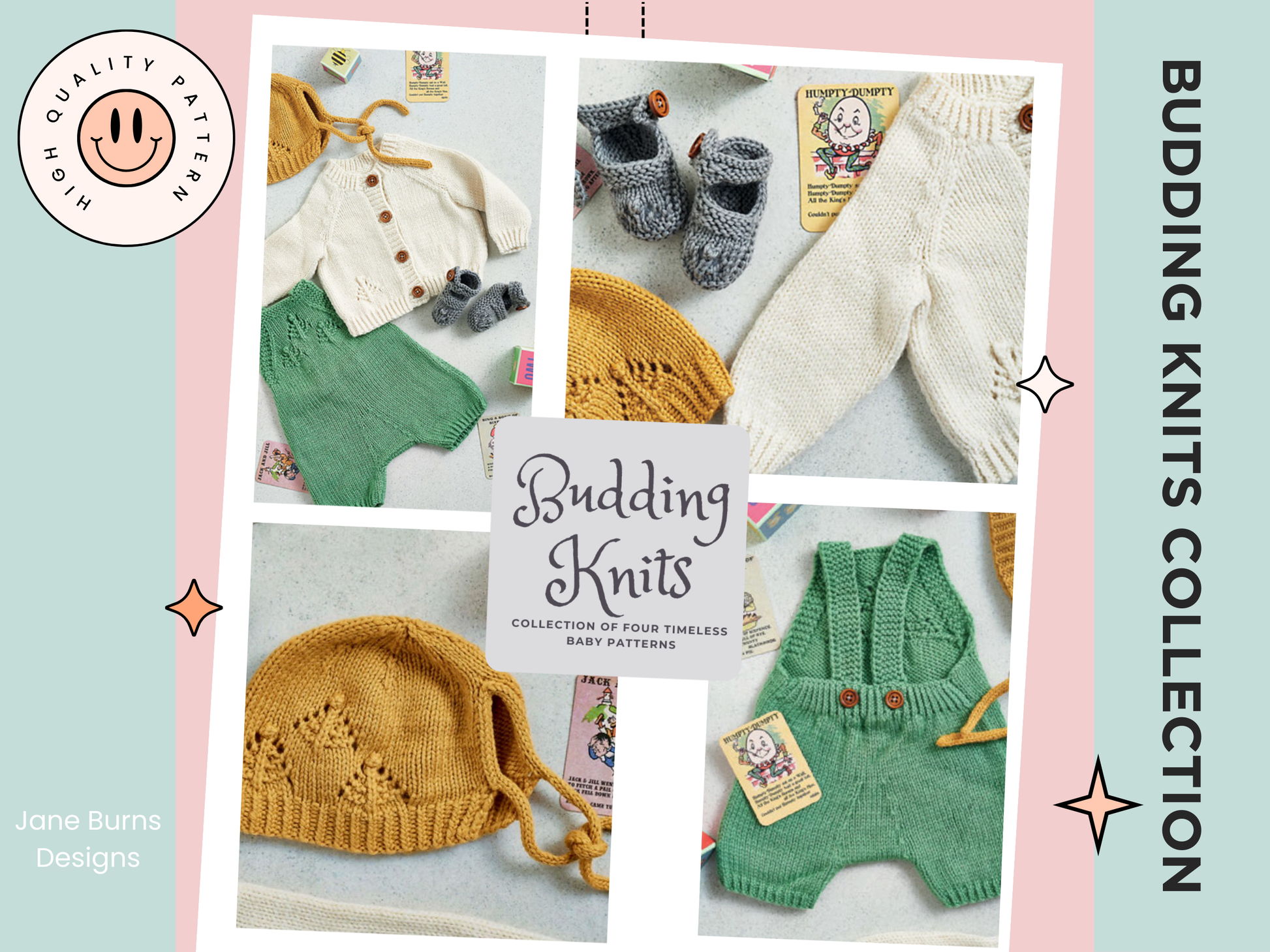 knitting pattern for modern baby layette, baby shower knitted gift for boys and girls, contemporary colours, romper, bonnet, baby cardigan and booties, jane burns