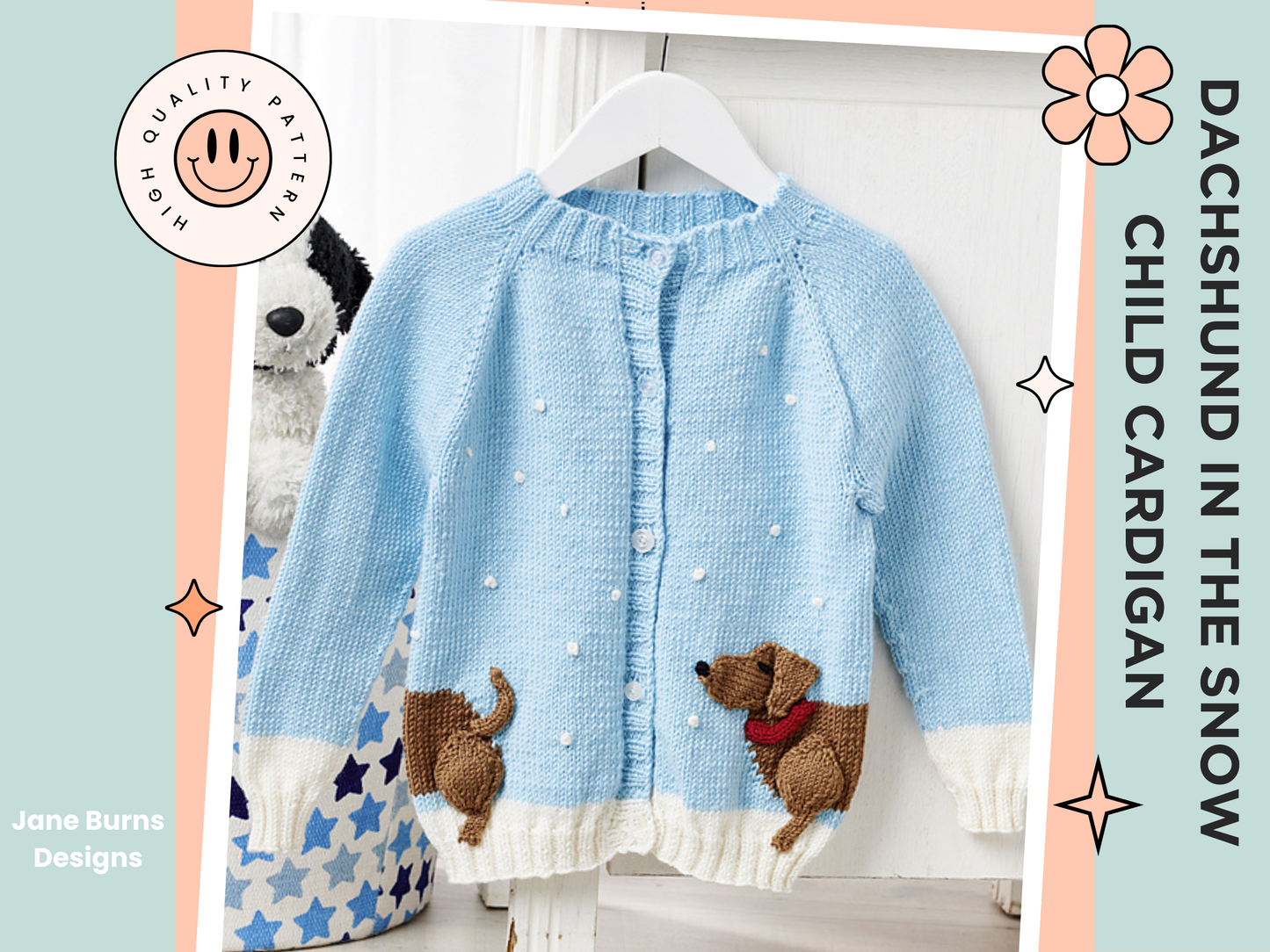 Dachshund in the snow, a kids cardigan knitting pattern with a wrap around intarsia sausage dog with knitted applique elements to bring it to life. Seamless top down cardigan knitting pattern for children by jane burns