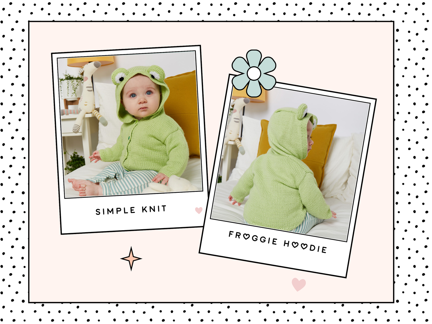Simple hooded baby cardigan with large frog eyes on the hood. Easy construction, green hoodie knitting pattern jane burns