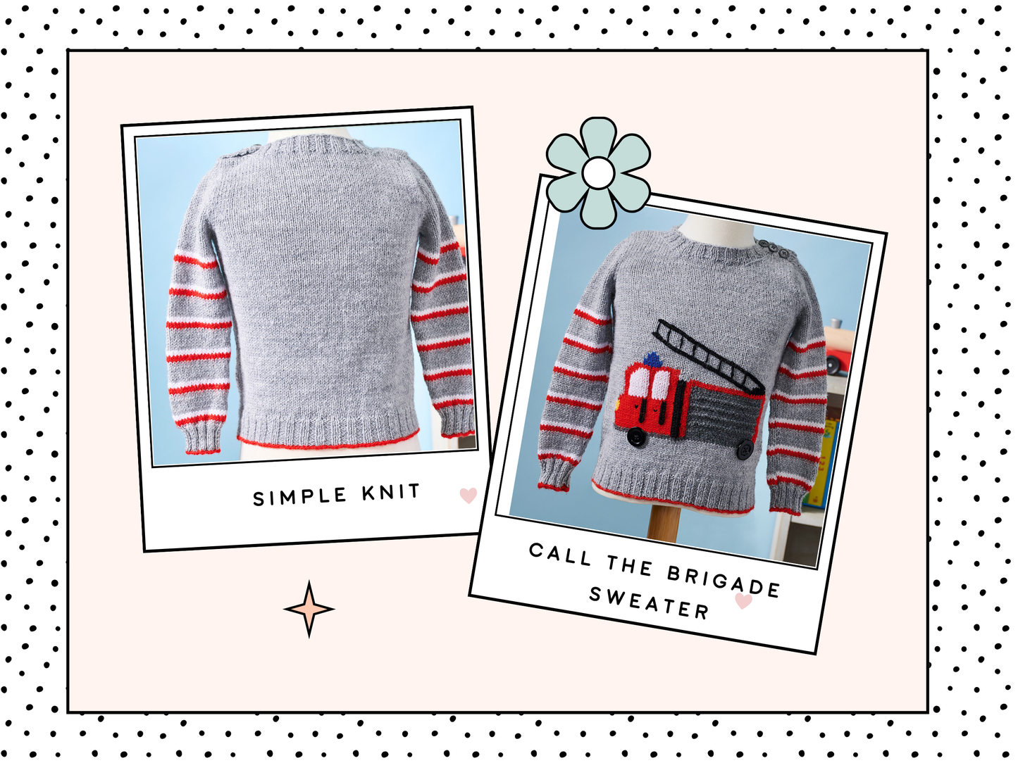 fire engine kids sweater knitting pattern, kids sweater knitting pattern, grey with red and white stripes, a large intarsia fire engine with button details knitting pattern download jane burns