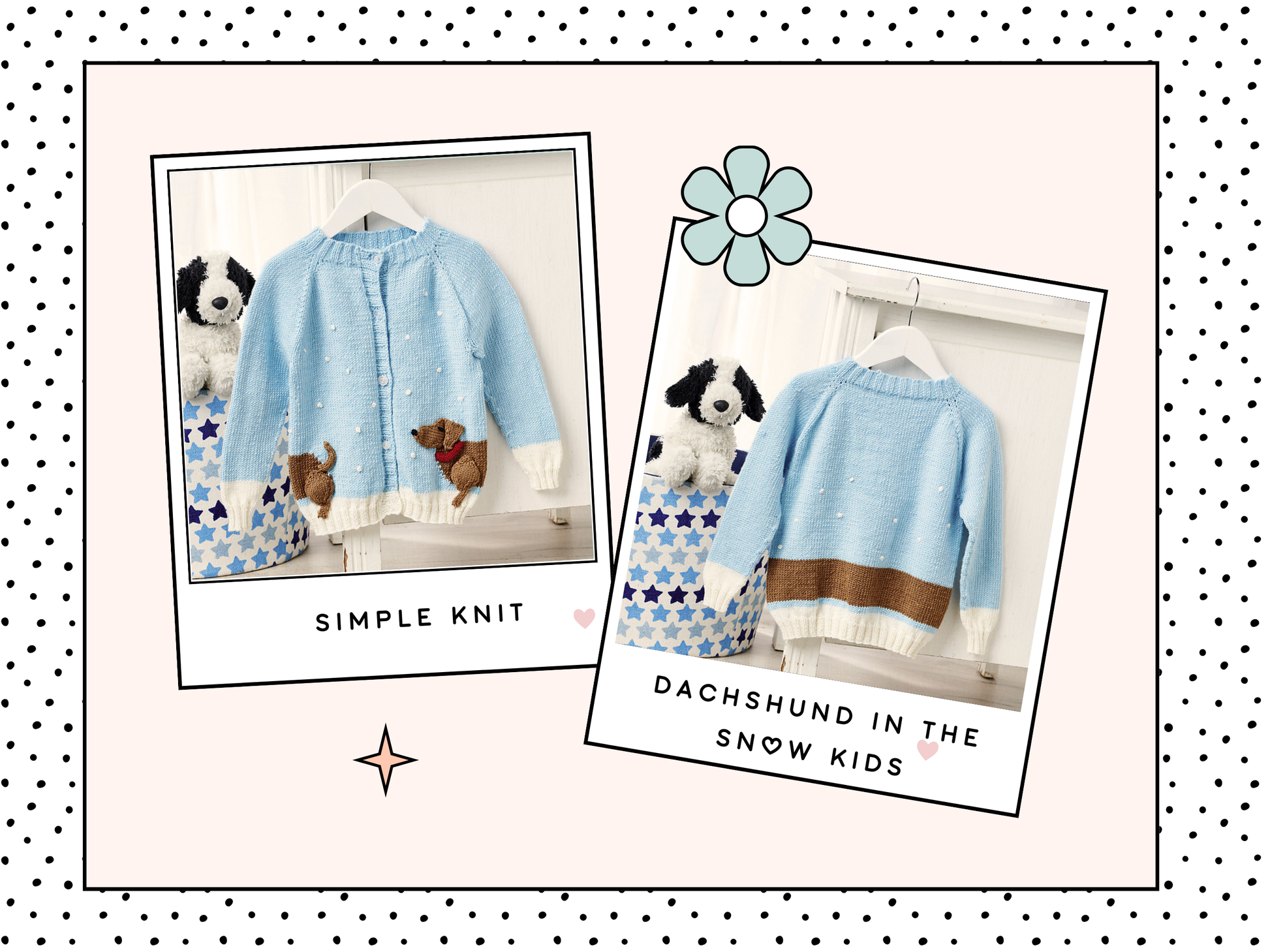 Dachshund in the snow, a kids cardigan knitting pattern with a wrap around intarsia sausage dog with knitted applique elements to bring it to life. Seamless top down cardigan knitting pattern for children by jane burns