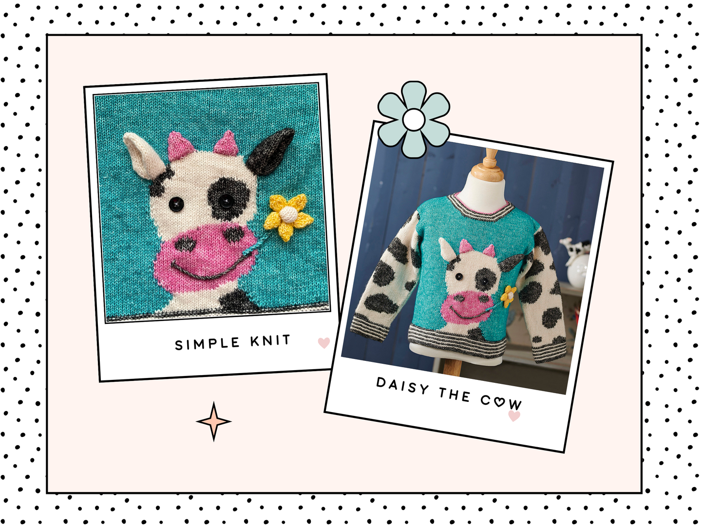 Charming kids jumper with a large cow motif, cow eating a flower. knit flower, horns and ears and sew them on. Cow print sleeve and simple garter edging. Knitting pattern by Jane Burns Daisy the Cow Sweater Knitting pattern