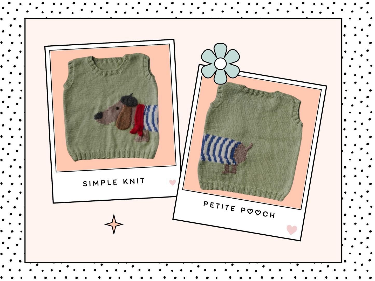 light green knitted vest, jumper, sweater with a sausage dog, dachshund wearing a striped top, beret and scarf. The dog wraps around the body of the vest. knitting pattern by jane burns available download