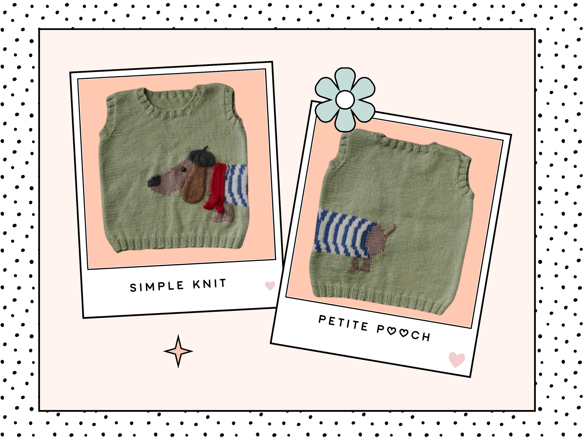 light green knitted vest, jumper, sweater with a sausage dog, dachshund wearing a striped top, beret and scarf. The dog wraps around the body of the vest. knitting pattern by jane burns available download