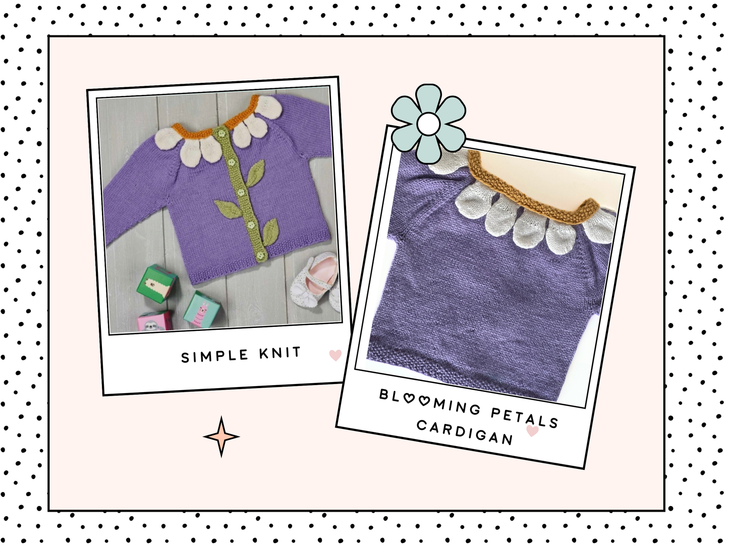 Blooming petals cardigan is a floral style baby cardigan. knitted applique leaves and petals adorn the front of the cardigan. Seamless construction from the top down, making this a simple and quick baby cardigan. knitting pattern jane burns