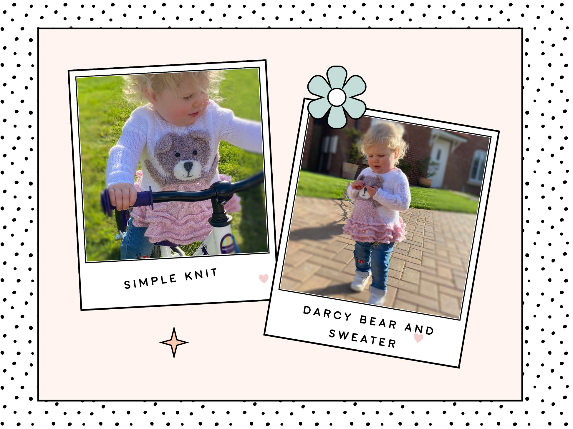 kids jumper with fluffy teddy bear wearing a sparkly tutu on the front of a kids sweater with ruffles. White sweater with beige fluffy bear wearing a pink sequin tutu. matching fluffy teddy toy also wearing a tutu. knitting pattern jane burns