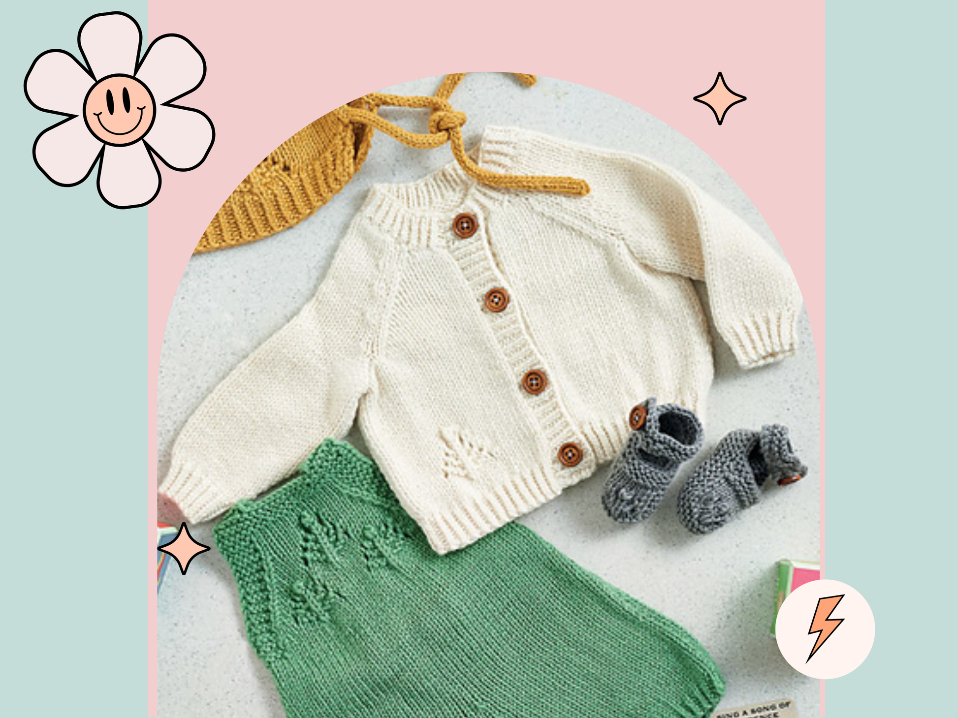 knitting pattern for modern baby layette, baby shower knitted gift for boys and girls, contemporary colours, romper, bonnet, baby cardigan and booties, jane burns