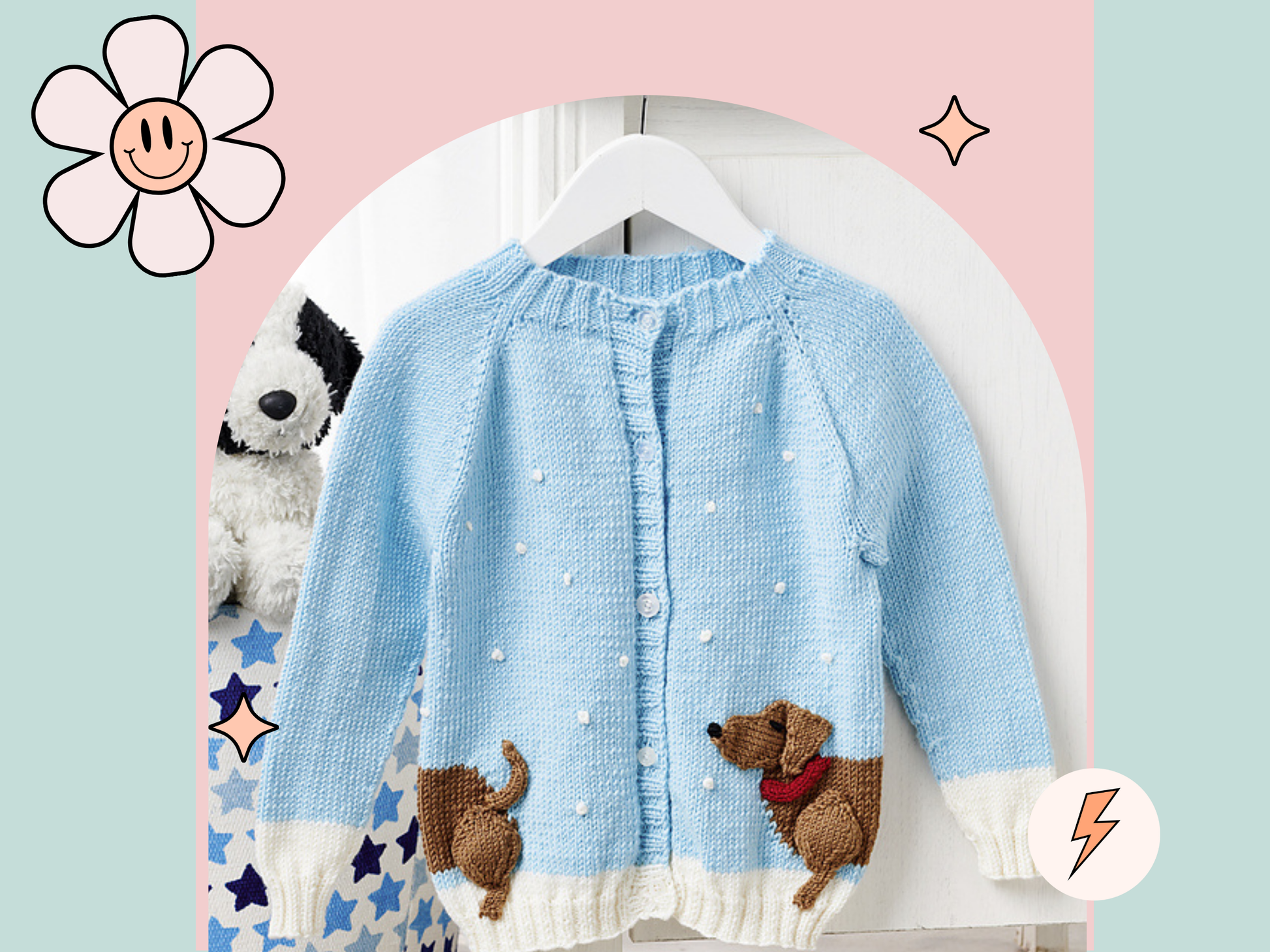 Dachshund in the snow, a kids cardigan knitting pattern with a wrap around intarsia sausage dog with knitted applique elements to bring it to life. Seamless top down cardigan knitting pattern for children by jane burns