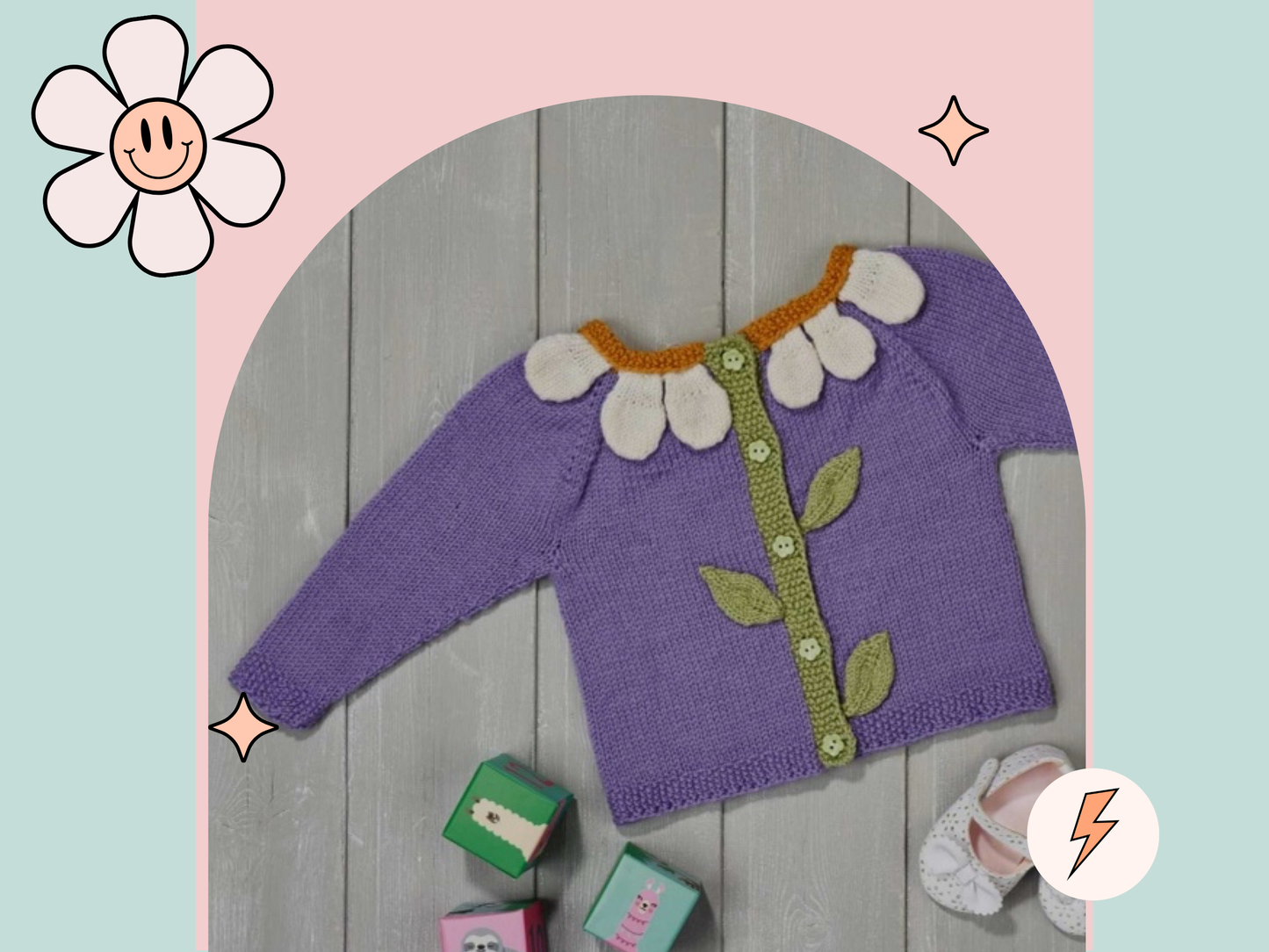 Blooming petals cardigan is a floral style baby cardigan. knitted applique leaves and petals adorn the front of the cardigan. Seamless construction from the top down, making this a simple and quick baby cardigan. knitting pattern jane burns