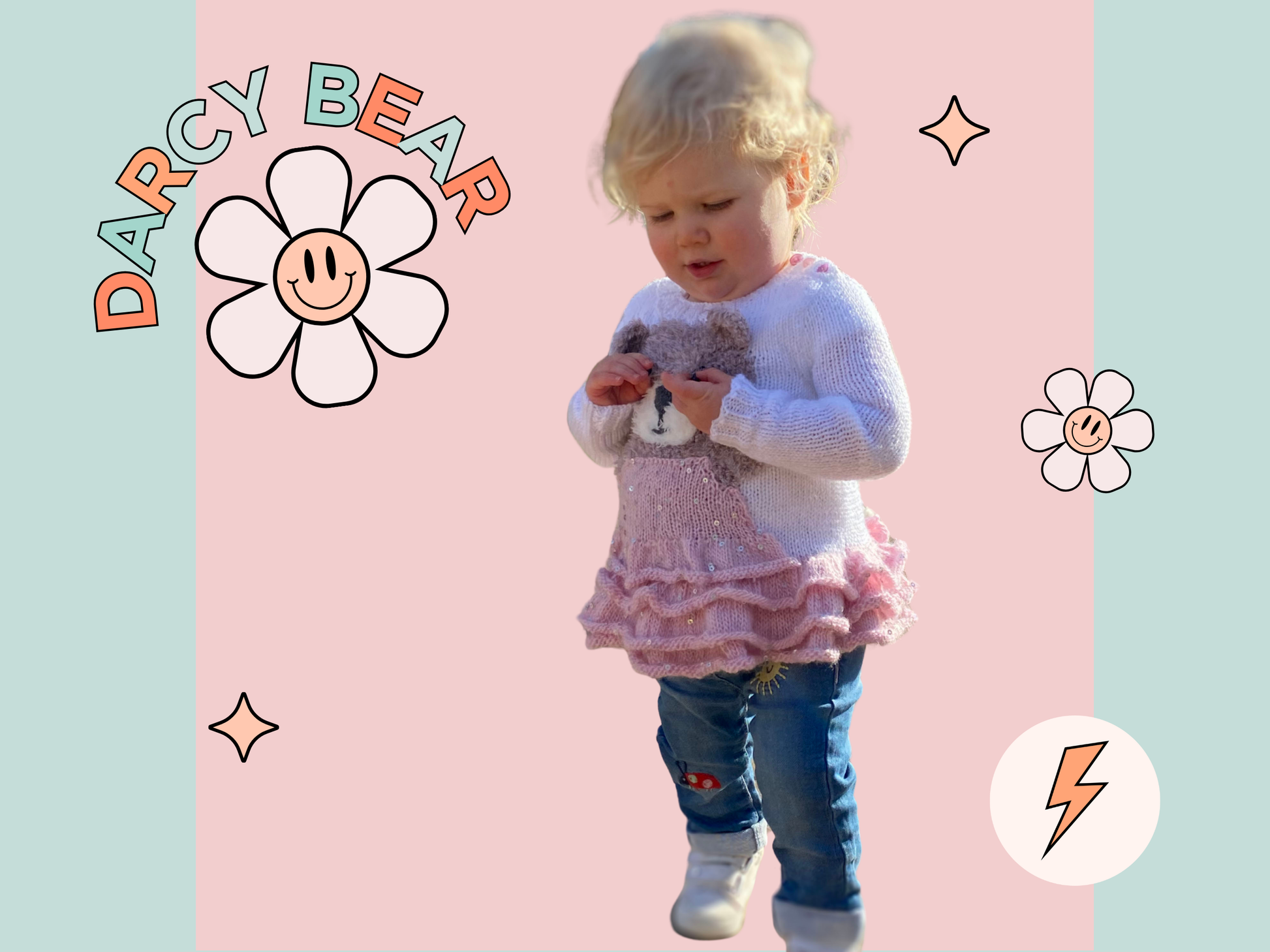 kids jumper with fluffy teddy bear wearing a sparkly tutu on the front of a kids sweater with ruffles. White sweater with beige fluffy bear wearing a pink sequin tutu. matching fluffy teddy toy also wearing a tutu. knitting pattern jane burns