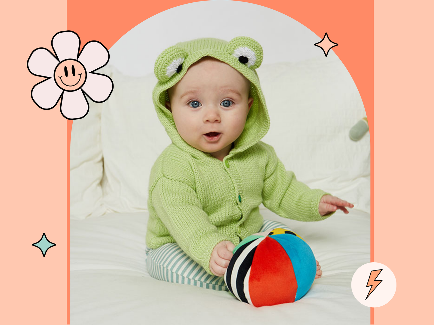 Simple hooded baby cardigan with large frog eyes on the hood. Easy construction, green hoodie knitting pattern jane burns