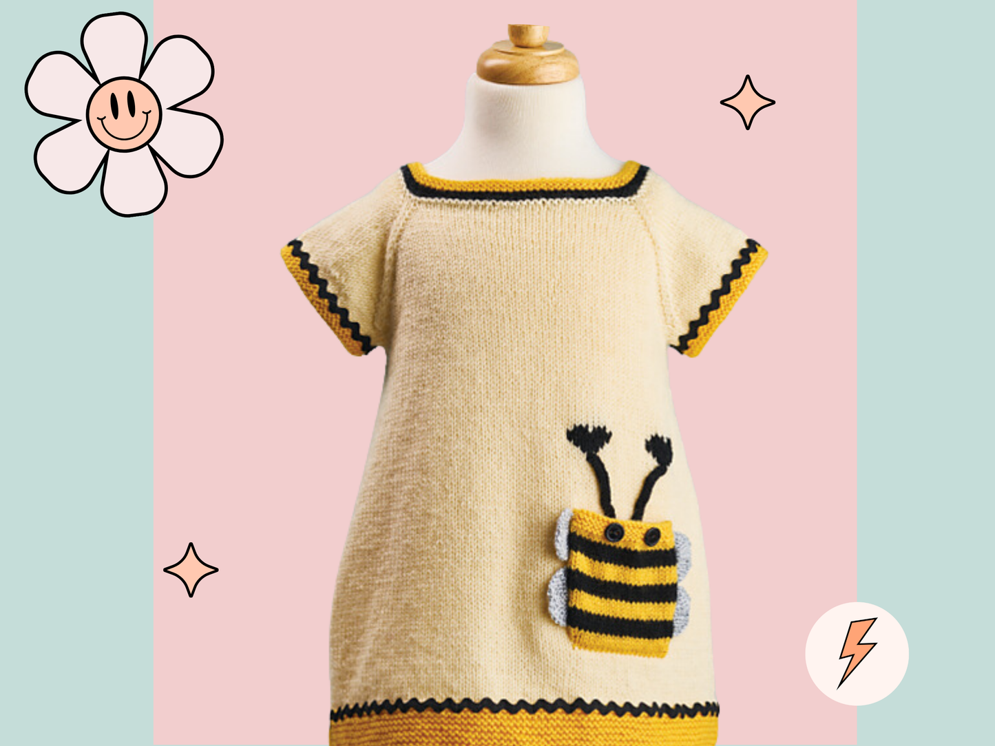 Bumble Bee knitted dress pattern, knitted dress knitting pattern, seamless top down construction with bumble pocket and trim jane burns designs