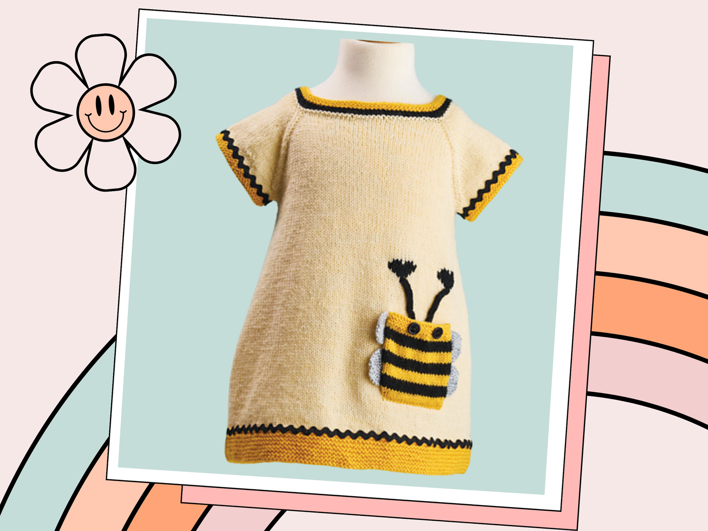 Bumble Bee knitted dress pattern, knitted dress knitting pattern, seamless top down construction with bumble pocket and trim jane burns designs
