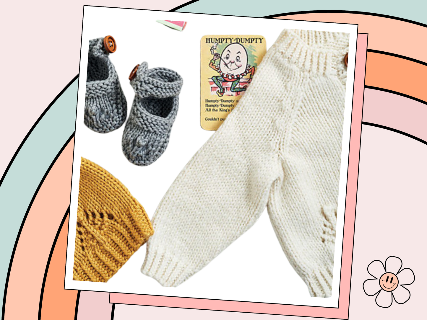 knitting pattern for modern baby layette, baby shower knitted gift for boys and girls, contemporary colours, romper, bonnet, baby cardigan and booties, jane burns