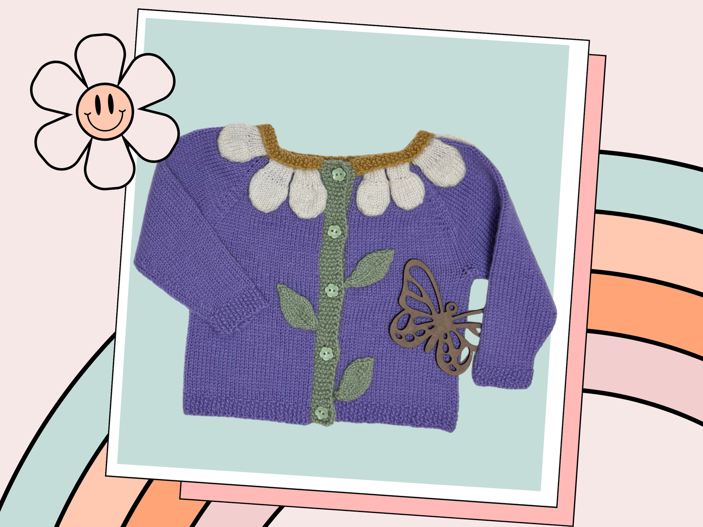 Blooming petals cardigan is a floral style baby cardigan. knitted applique leaves and petals adorn the front of the cardigan. Seamless construction from the top down, making this a simple and quick baby cardigan. knitting pattern jane burns