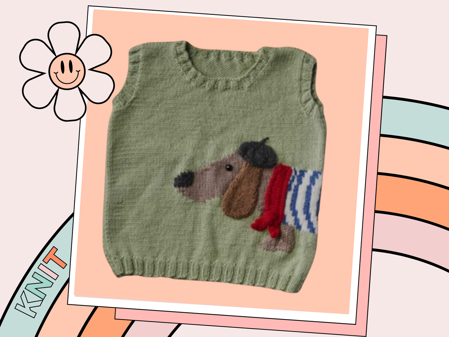 light green knitted vest, jumper, sweater with a sausage dog, dachshund wearing a striped top, beret and scarf. The dog wraps around the body of the vest. knitting pattern by jane burns available download