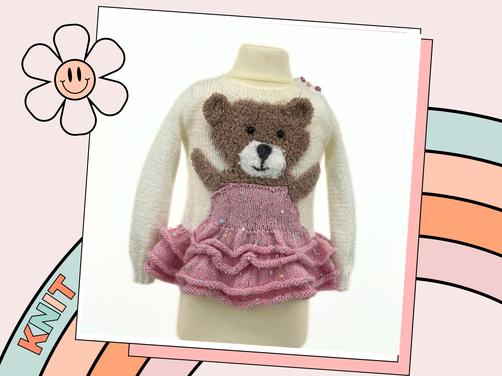 kids jumper with fluffy teddy bear wearing a sparkly tutu on the front of a kids sweater with ruffles. White sweater with beige fluffy bear wearing a pink sequin tutu. matching fluffy teddy toy also wearing a tutu. knitting pattern jane burns