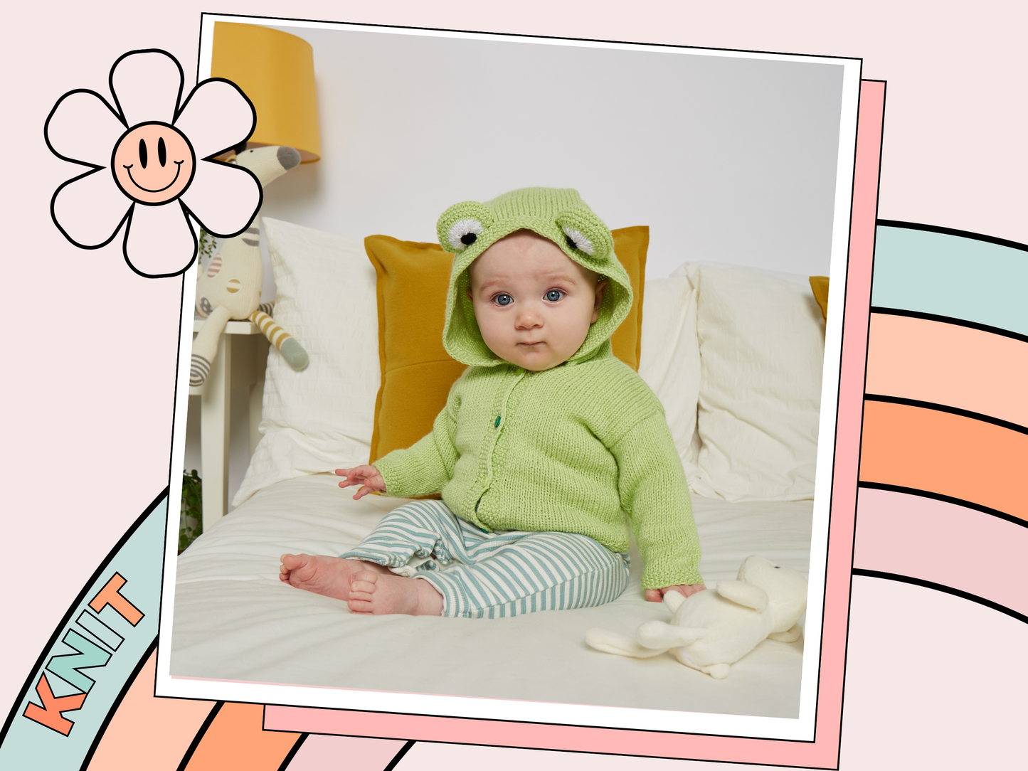 Simple hooded baby cardigan with large frog eyes on the hood. Easy construction, green hoodie knitting pattern jane burns