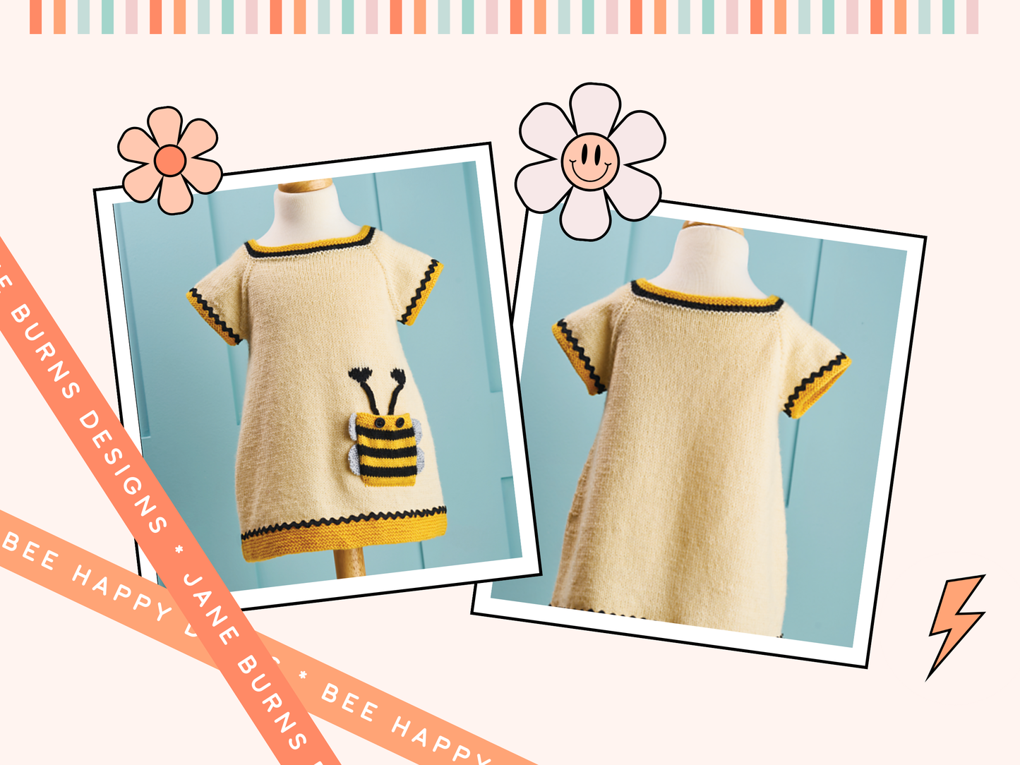 Bumble Bee knitted dress pattern, knitted dress knitting pattern, seamless top down construction with bumble pocket and trim jane burns designs