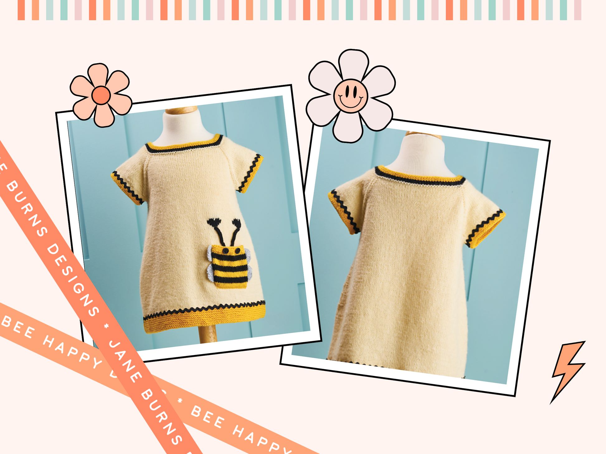 Bumble Bee knitted dress pattern, knitted dress knitting pattern, seamless top down construction with bumble pocket and trim jane burns designs
