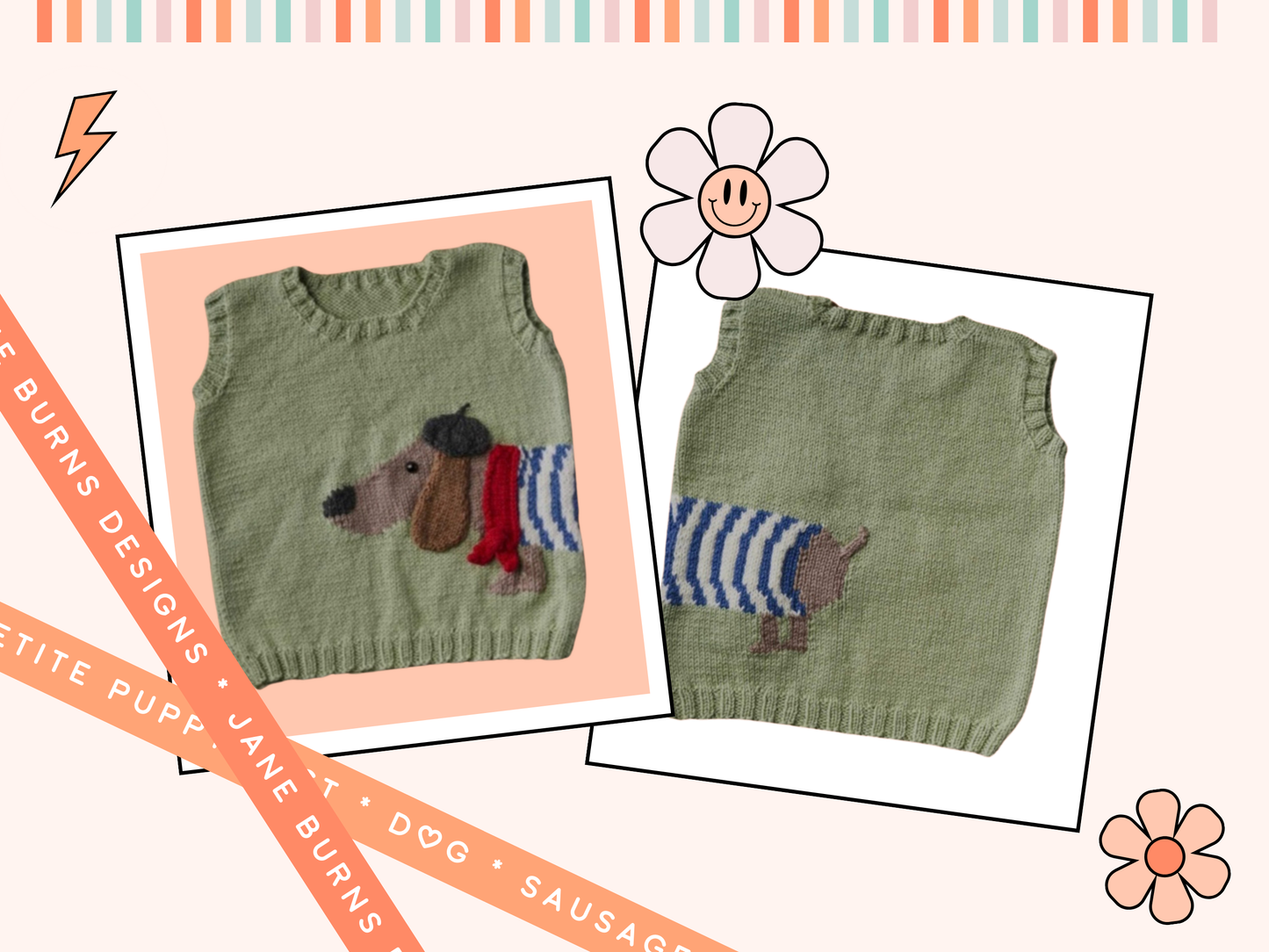 light green knitted vest, jumper, sweater with a sausage dog, dachshund wearing a striped top, beret and scarf. The dog wraps around the body of the vest. knitting pattern by jane burns available download