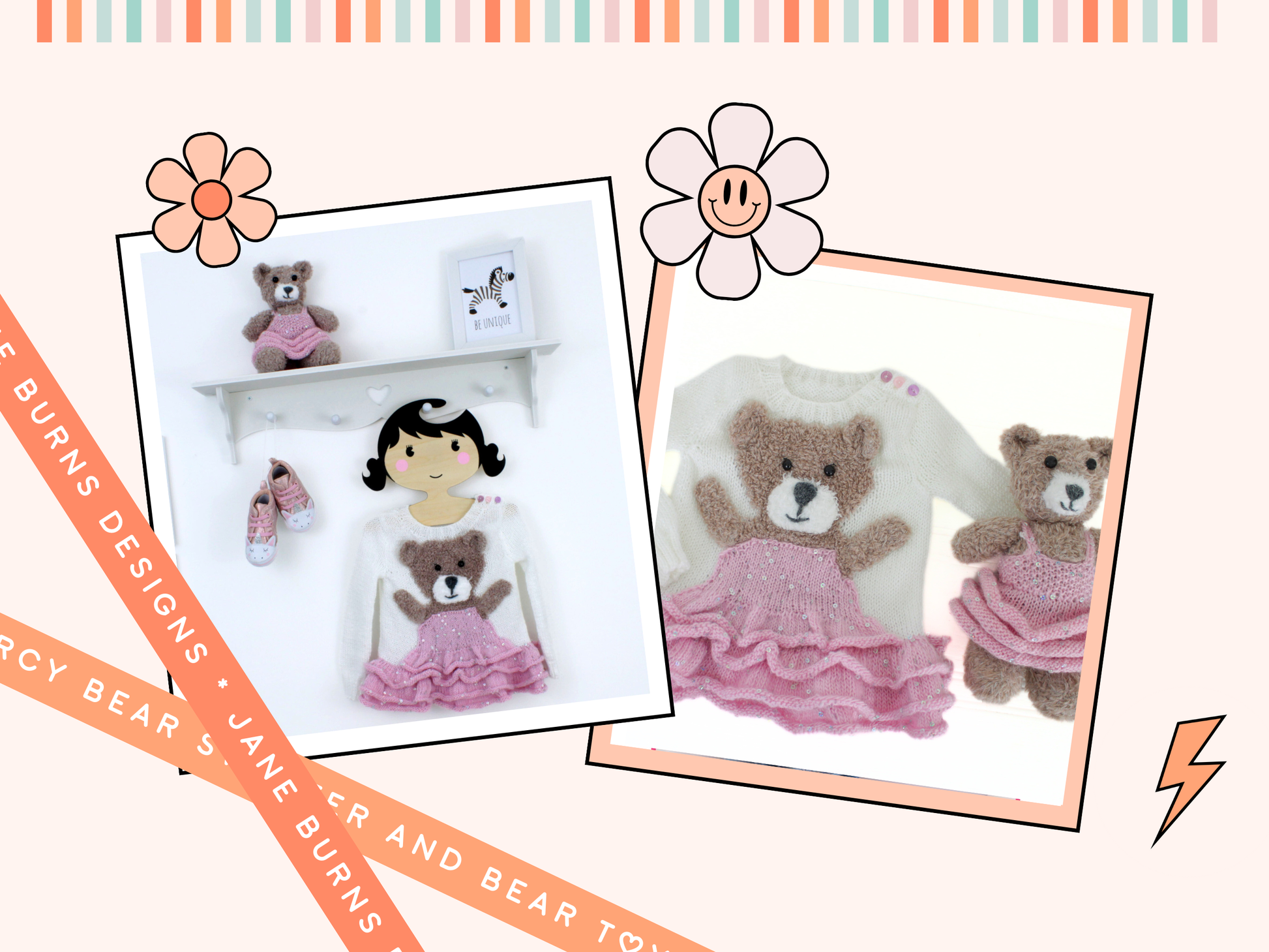 kids jumper with fluffy teddy bear wearing a sparkly tutu on the front of a kids sweater with ruffles. White sweater with beige fluffy bear wearing a pink sequin tutu. matching fluffy teddy toy also wearing a tutu. knitting pattern jane burns