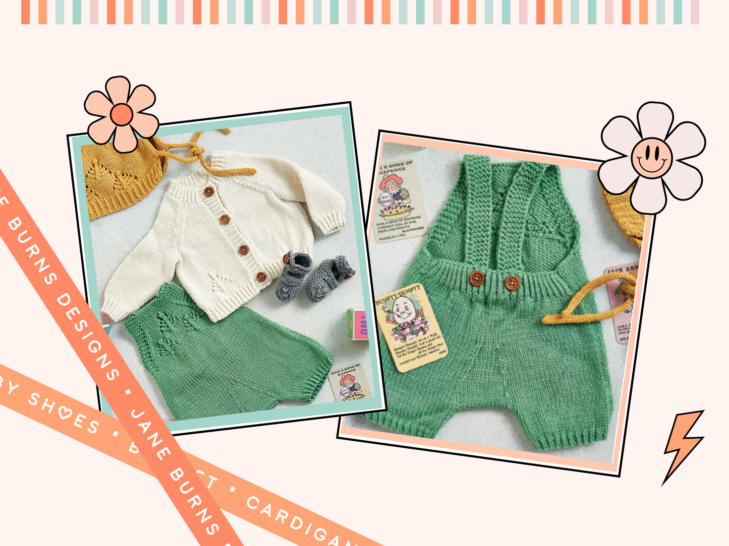 knitting pattern for modern baby layette, baby shower knitted gift for boys and girls, contemporary colours, romper, bonnet, baby cardigan and booties, jane burns