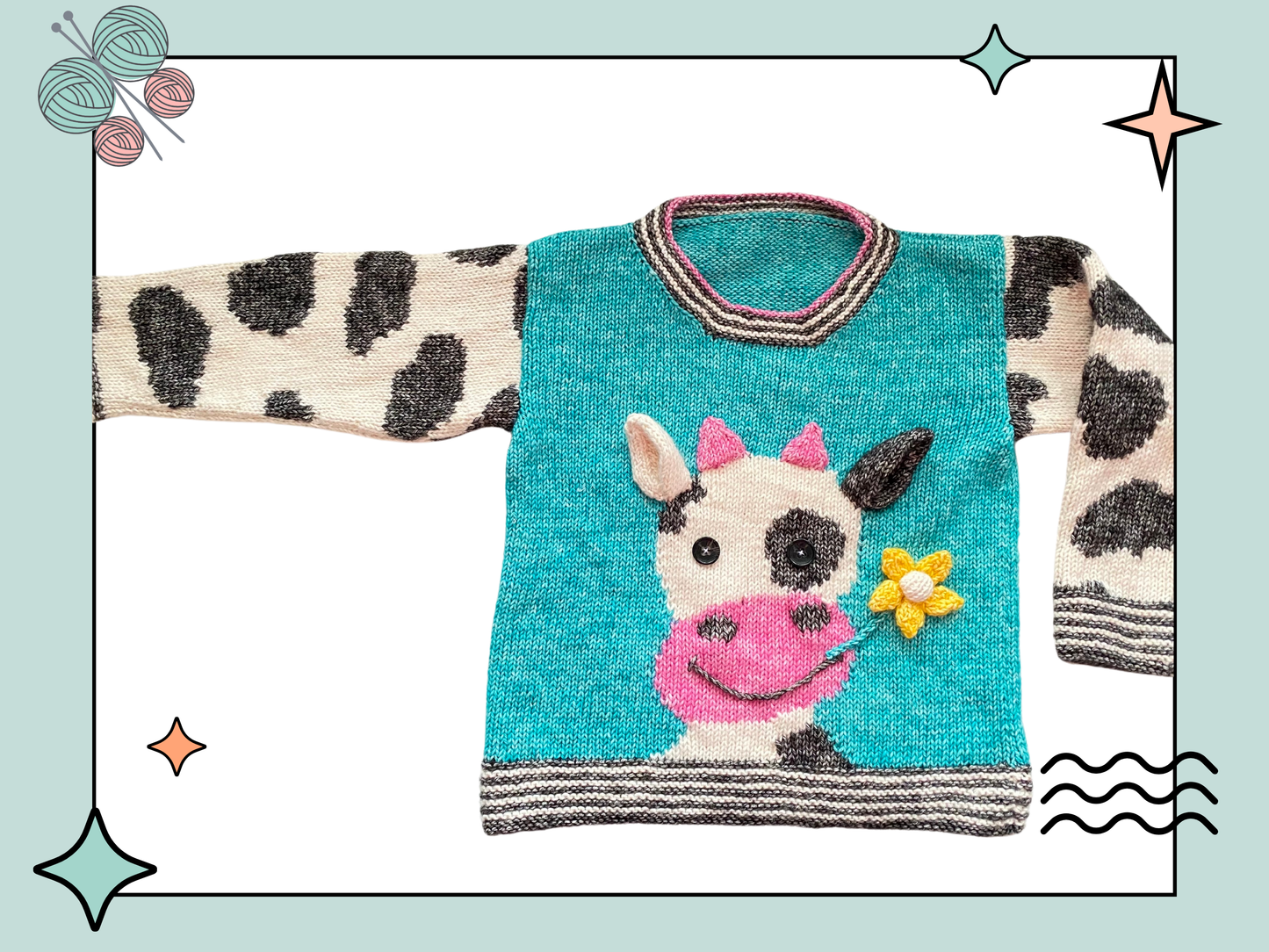 Charming kids jumper with a large cow motif, cow eating a flower. knit flower, horns and ears and sew them on. Cow print sleeve and simple garter edging. Knitting pattern by Jane Burns Daisy the Cow Sweater Knitting pattern