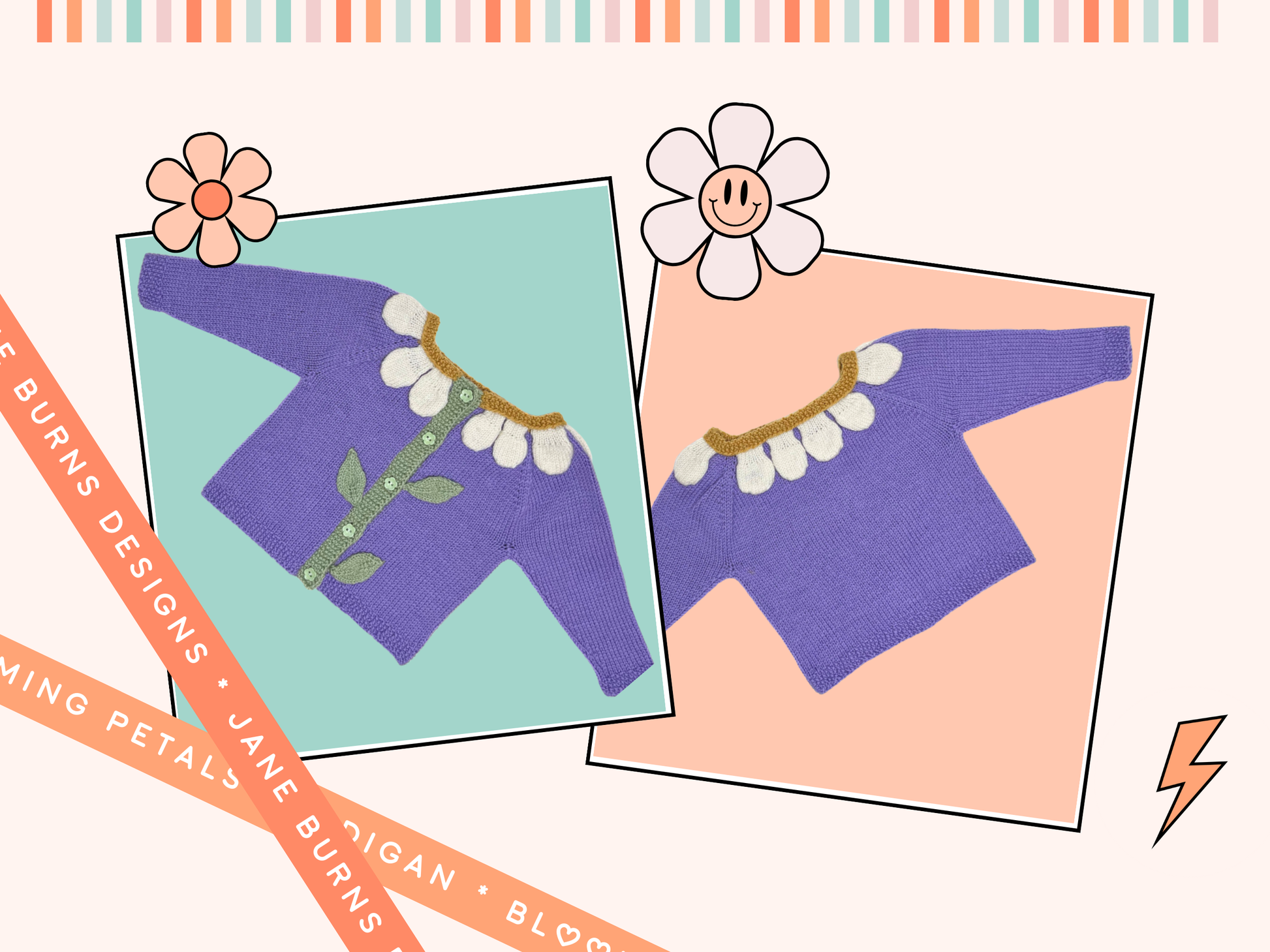 Blooming petals cardigan is a floral style baby cardigan. knitted applique leaves and petals adorn the front of the cardigan. Seamless construction from the top down, making this a simple and quick baby cardigan. knitting pattern jane burns