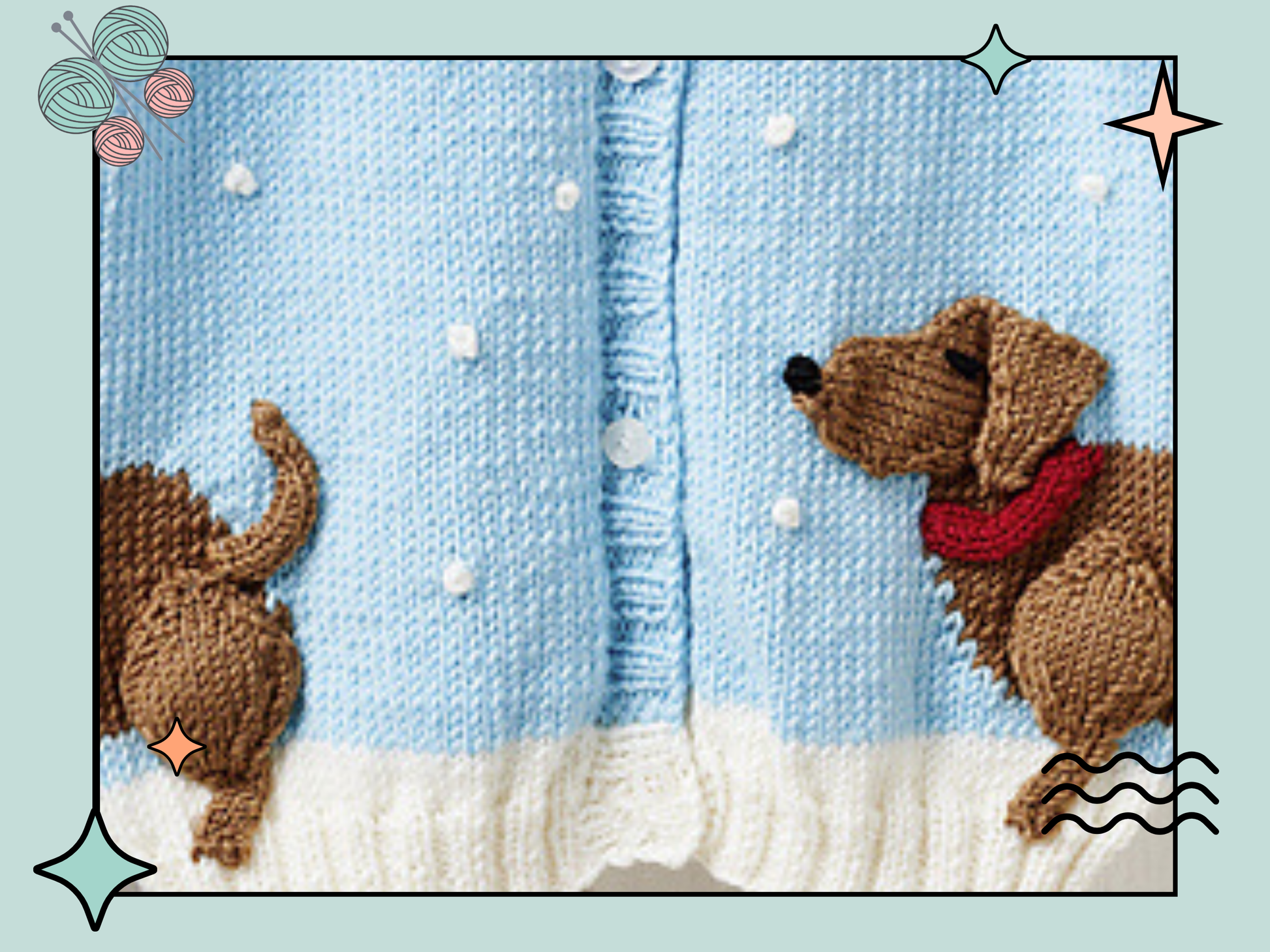Dachshund in the snow, a kids cardigan knitting pattern with a wrap around intarsia sausage dog with knitted applique elements to bring it to life. Seamless top down cardigan knitting pattern for children by jane burns