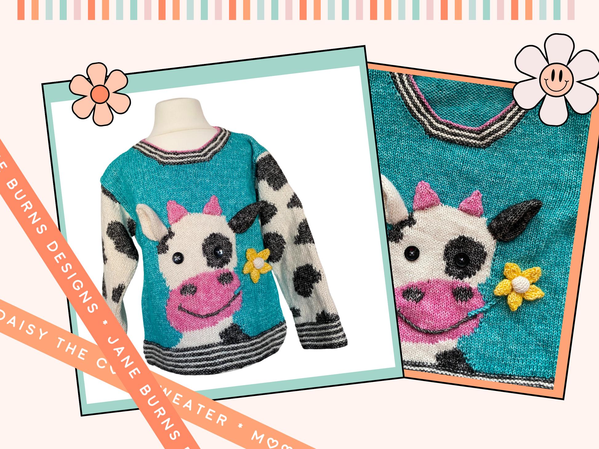 Charming kids jumper with a large cow motif, cow eating a flower. knit flower, horns and ears and sew them on. Cow print sleeve and simple garter edging. Knitting pattern by Jane Burns Daisy the Cow Sweater Knitting pattern