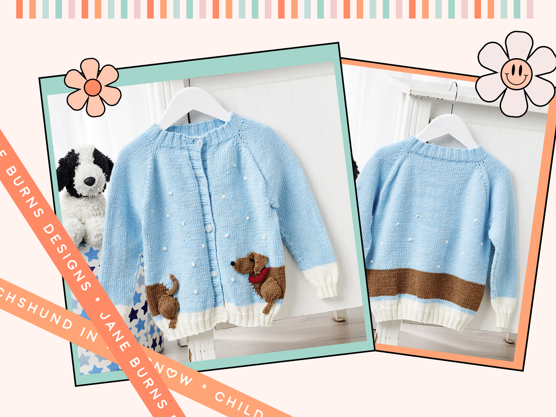 Dachshund in the snow, a kids cardigan knitting pattern with a wrap around intarsia sausage dog with knitted applique elements to bring it to life. Seamless top down cardigan knitting pattern for children by jane burns