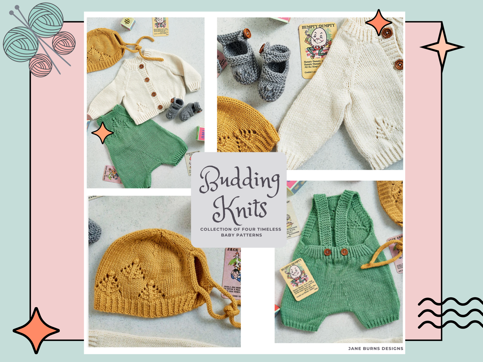 knitting pattern for modern baby layette, baby shower knitted gift for boys and girls, contemporary colours, romper, bonnet, baby cardigan and booties, jane burns