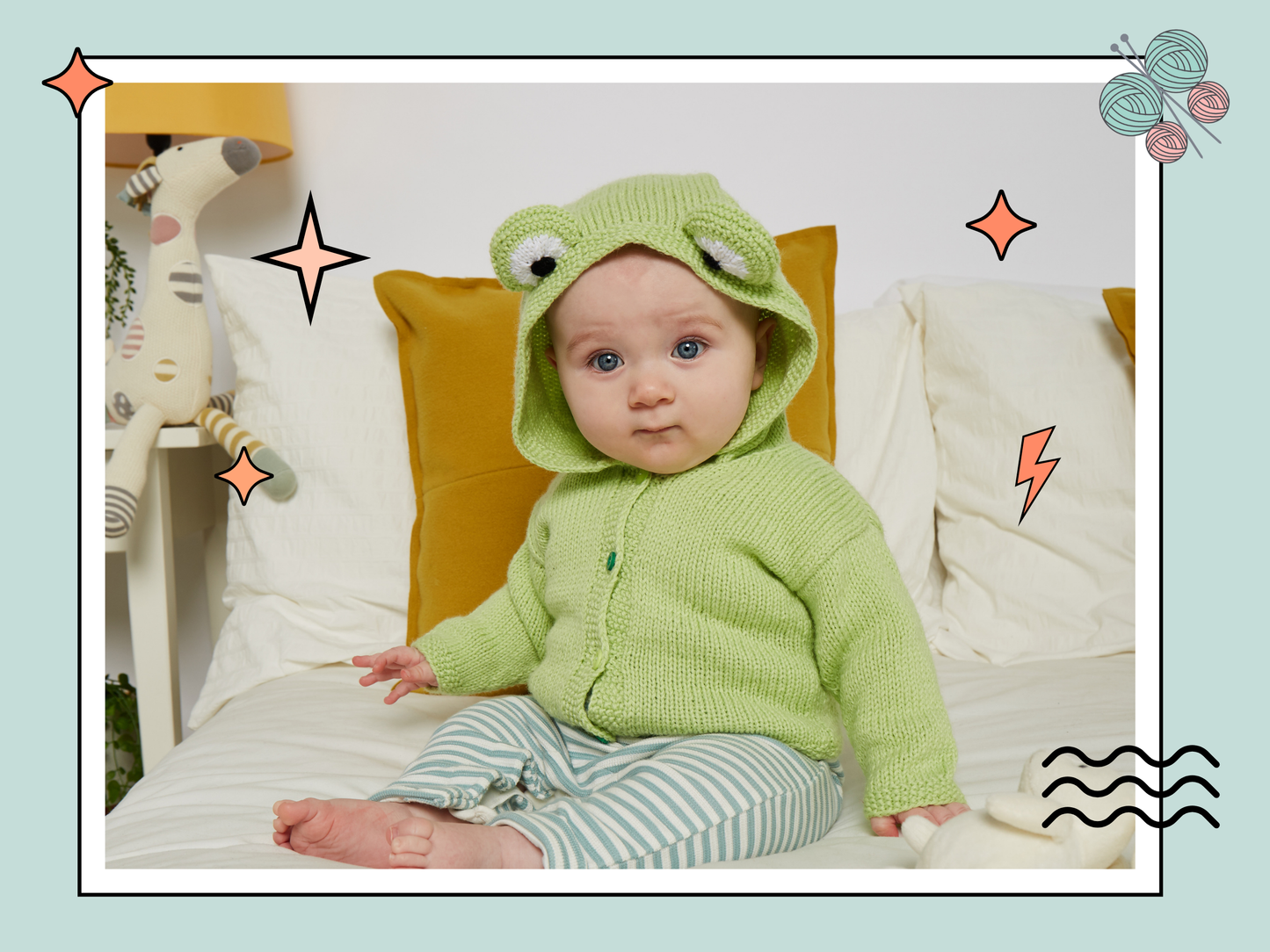 Simple hooded baby cardigan with large frog eyes on the hood. Easy construction, green hoodie knitting pattern jane burns