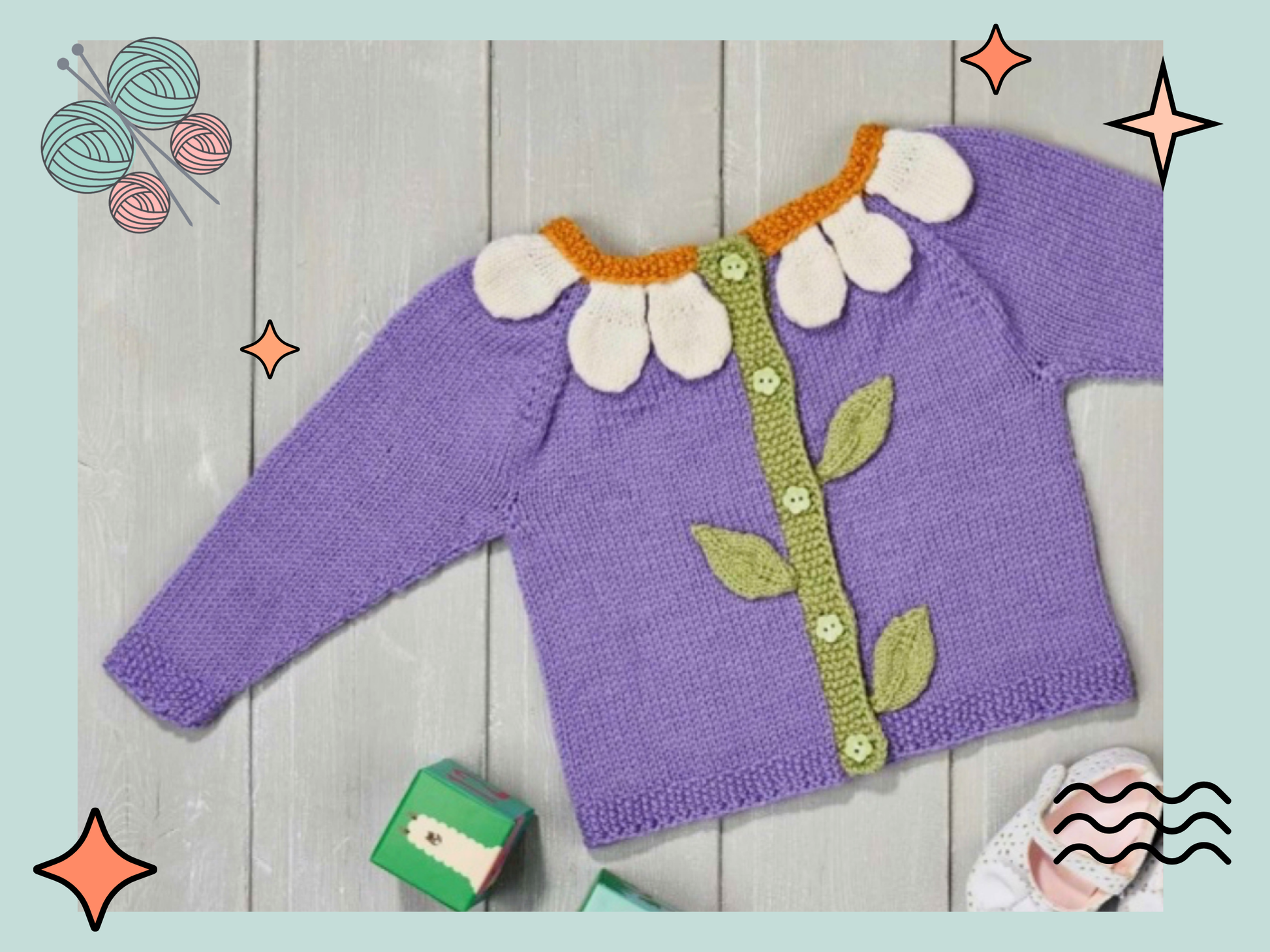 Blooming petals cardigan is a floral style baby cardigan. knitted applique leaves and petals adorn the front of the cardigan. Seamless construction from the top down, making this a simple and quick baby cardigan. knitting pattern jane burns