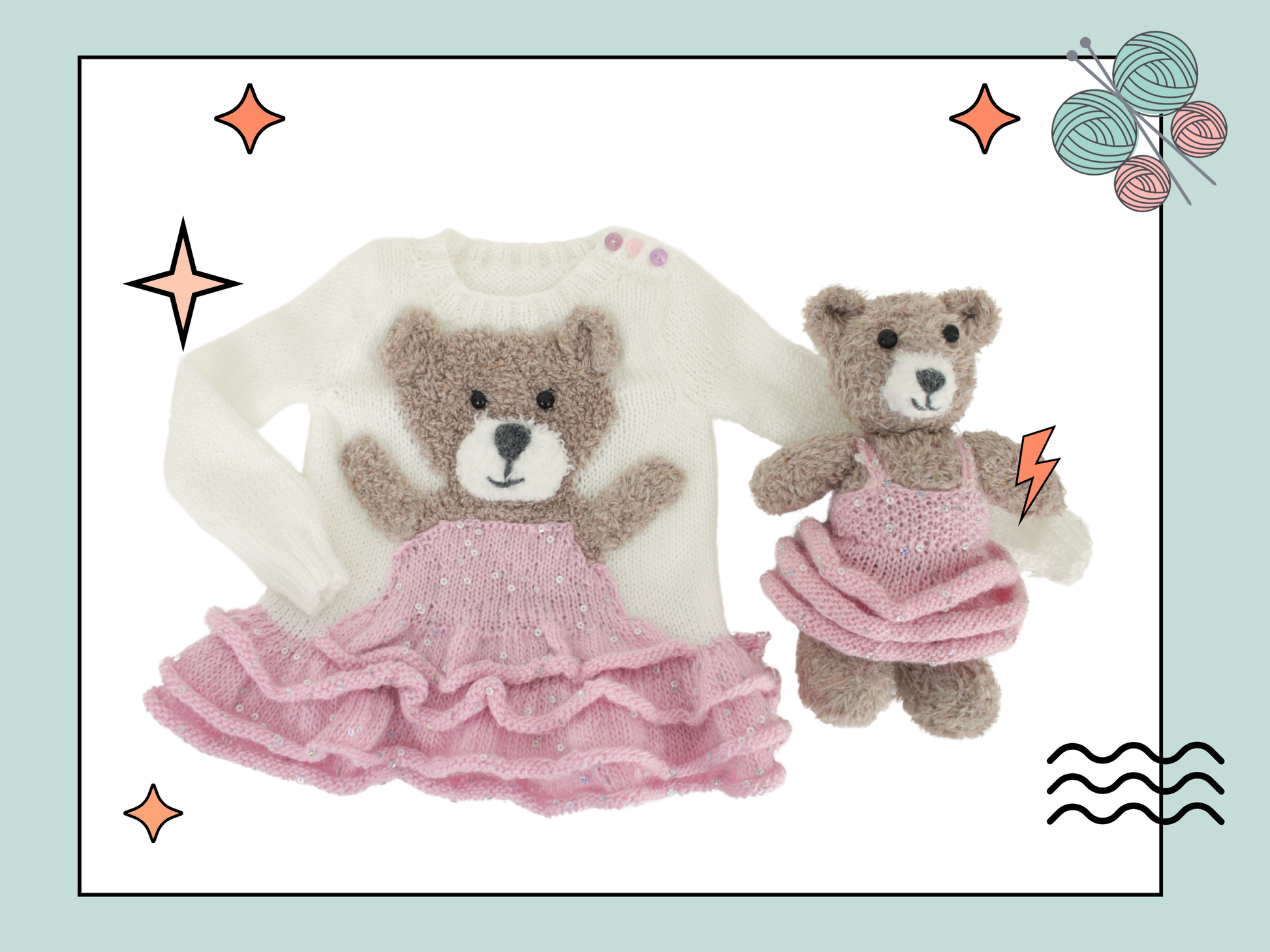 kids jumper with fluffy teddy bear wearing a sparkly tutu on the front of a kids sweater with ruffles. White sweater with beige fluffy bear wearing a pink sequin tutu. matching fluffy teddy toy also wearing a tutu. knitting pattern jane burns