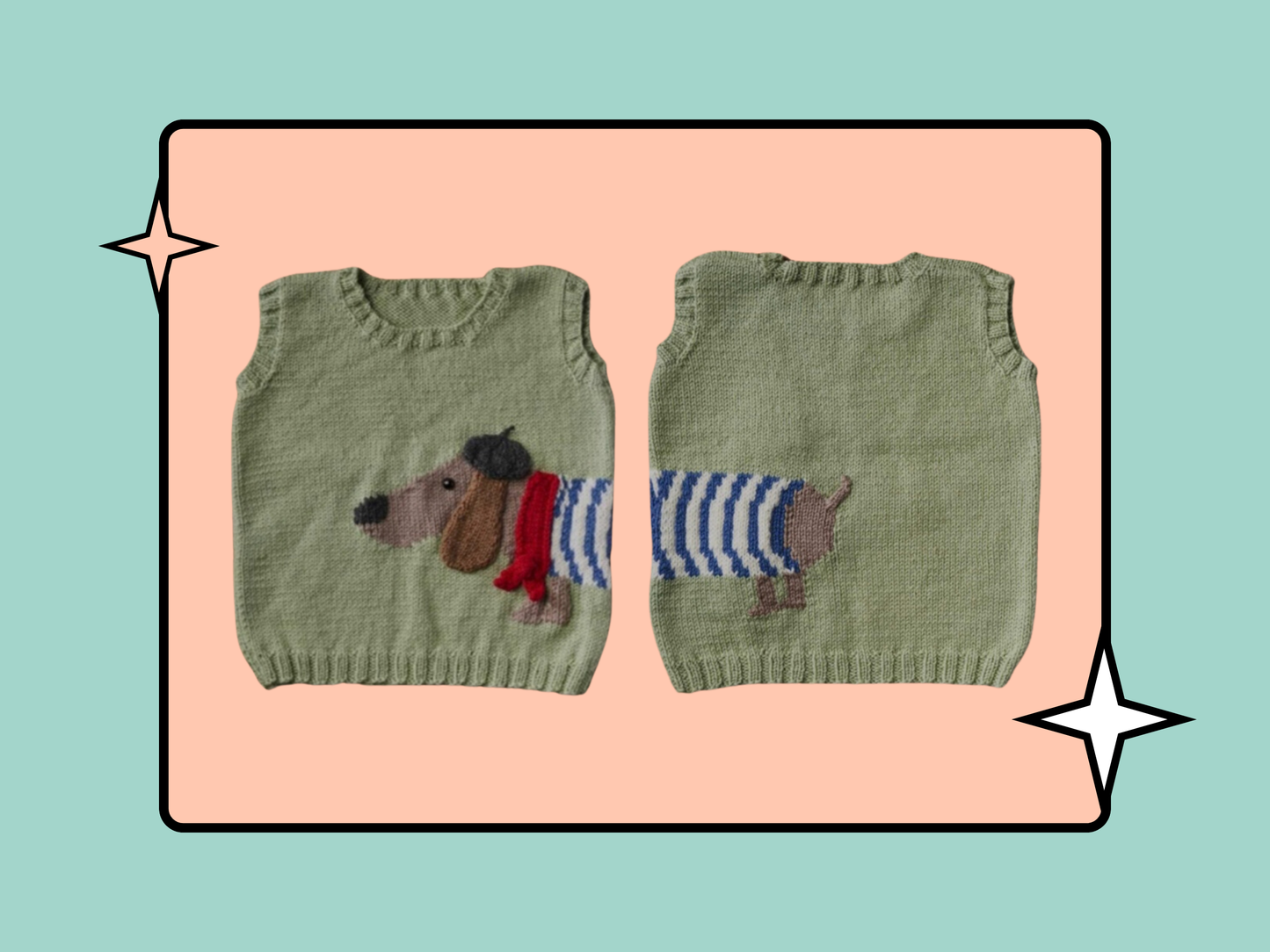 light green knitted vest, jumper, sweater with a sausage dog, dachshund wearing a striped top, beret and scarf. The dog wraps around the body of the vest. knitting pattern by jane burns available download