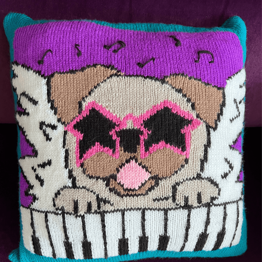 Elton Bone, Pug Dog Music Pun Cushion - Knitting Pattern - HomeJane Burns Designs