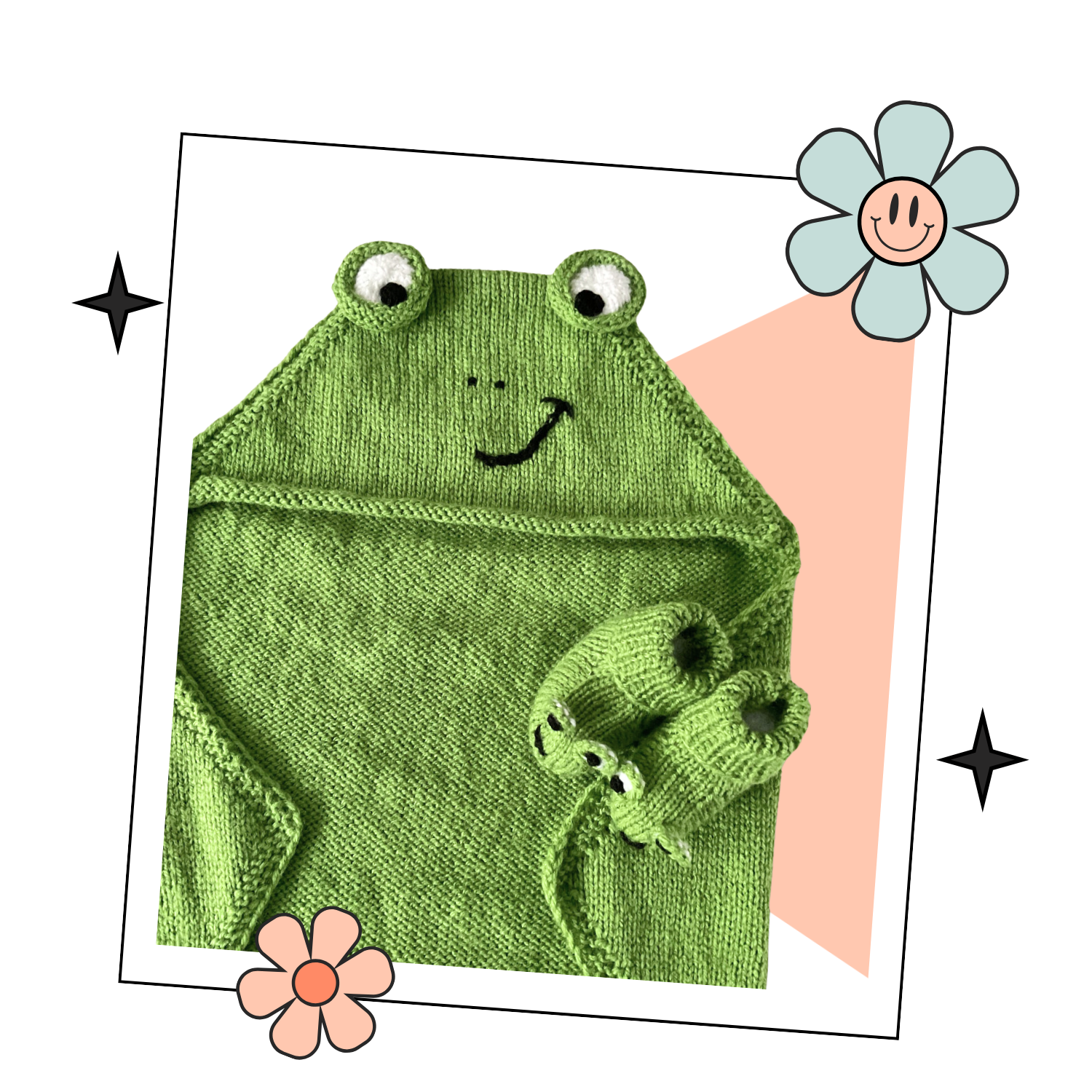 knitted frog character hooded blanket and baby booties knitting pattern for baby shower
