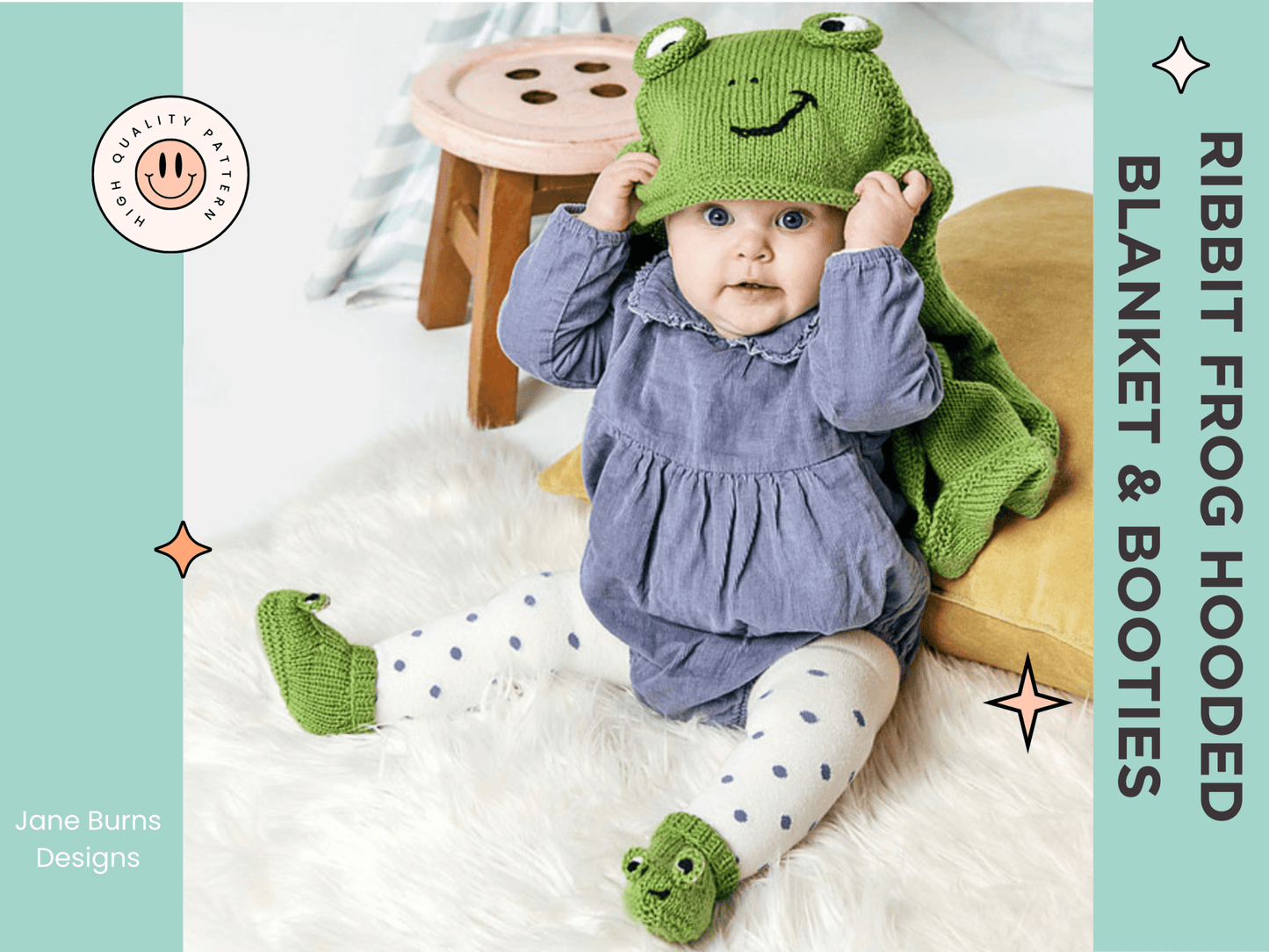Ribbit Ribbit Frog Hooded Blanket and Baby Bootees - Knitting Pattern - AccessoryJane Burns Designs