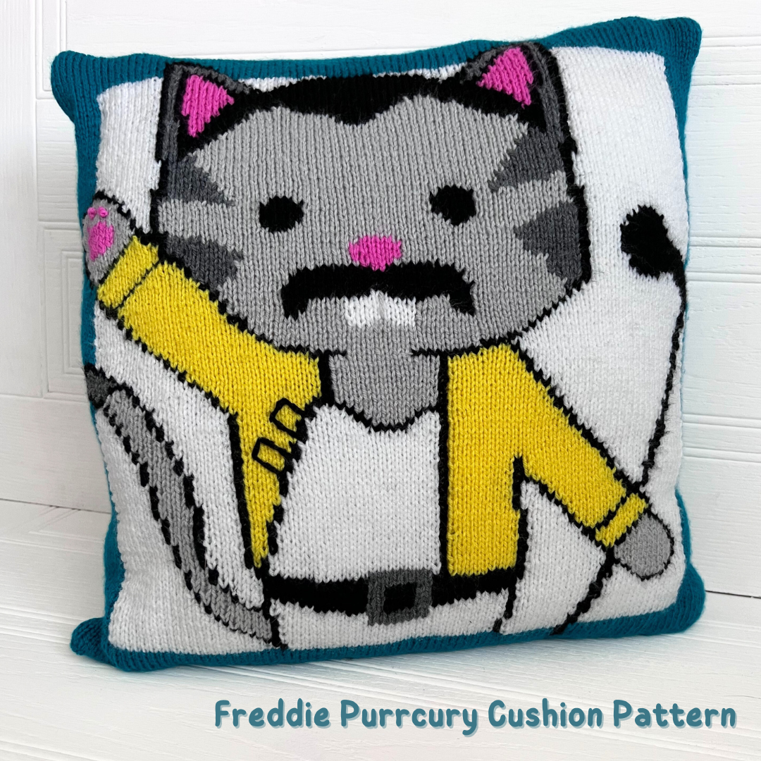 freddie purrcury cushion knitting pattern inspired by Freddie Mercury legendary Queen front man