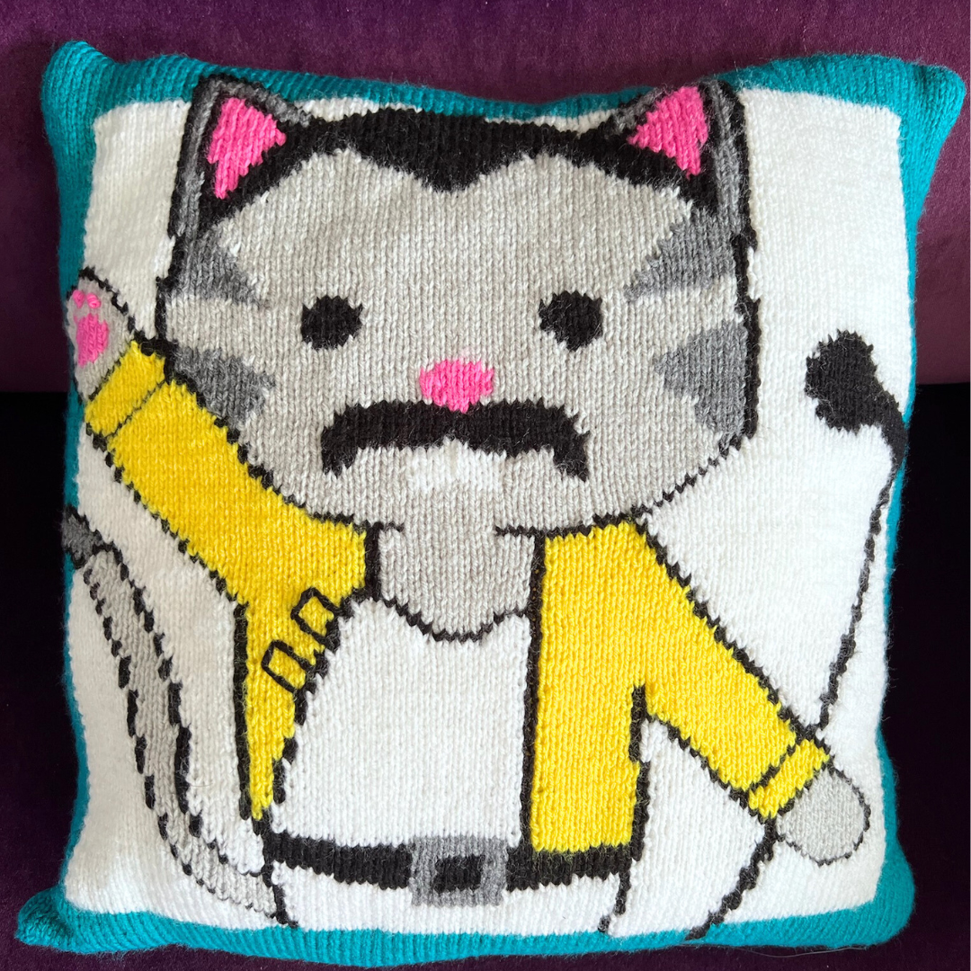 Freddie Purrcury Cat Cushion, Music Pun Intarsia Cushion - Knitting Pattern