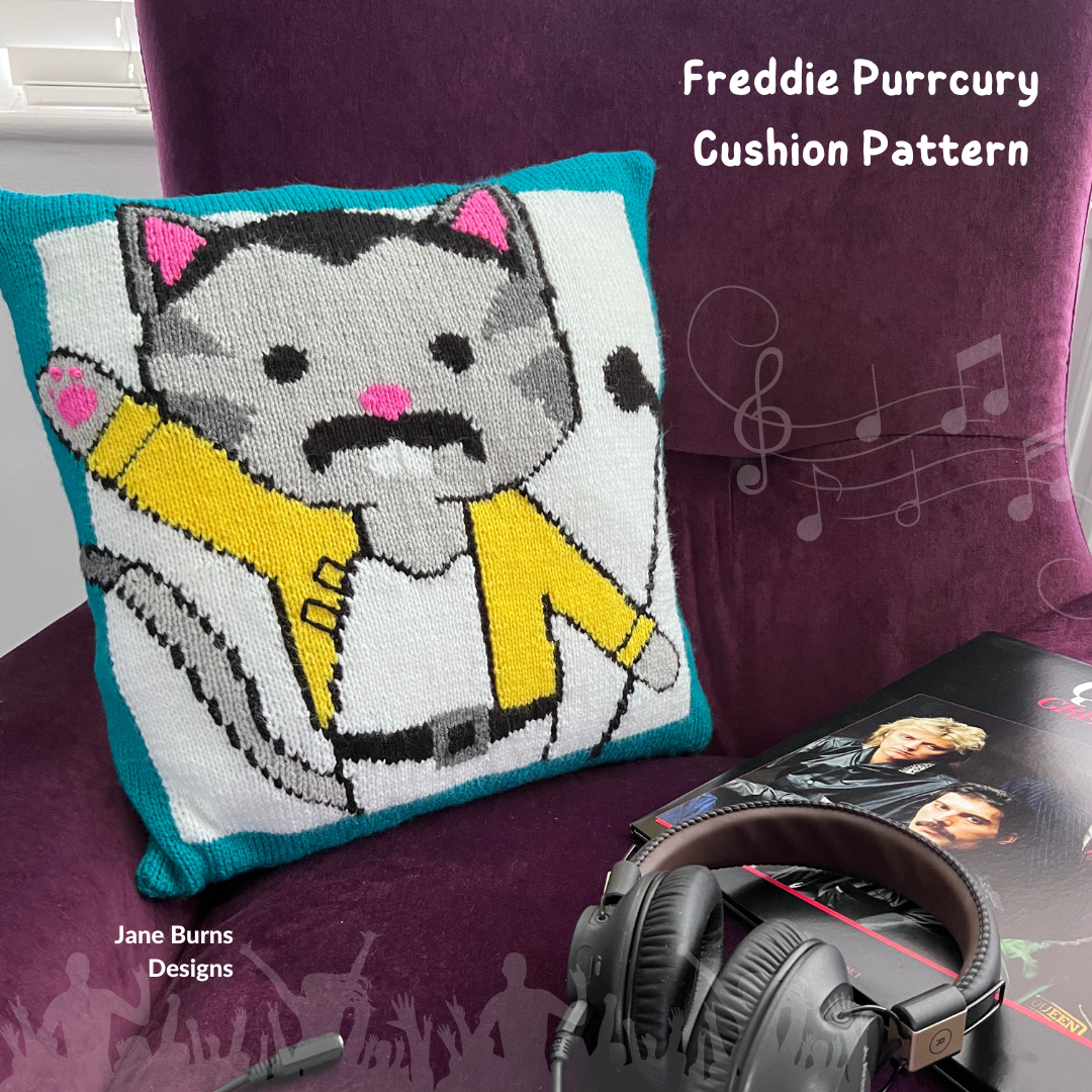 Freddie Purrcury Cat Cushion, Music Pun Intarsia Cushion - Knitting Pattern
