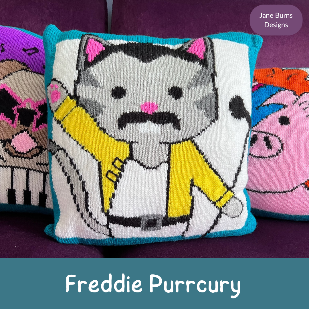 freddie purrcury cushion knitting pattern inspired by Freddie Mercury legendary Queen front man