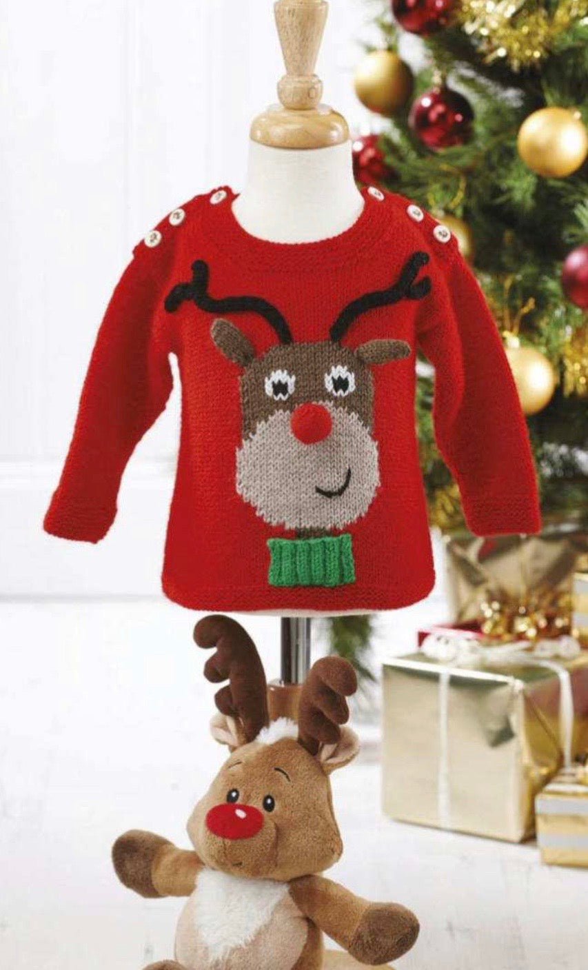 Little Rudolph, Baby Christmas Intarsia Reindeer Jumper - Knitting Pattern - GarmentsJane Burns Designs