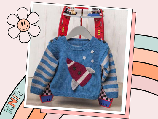 Little Rocket simple baby jumper space sweater knitting pattern baby rocket pullover knitting pattern