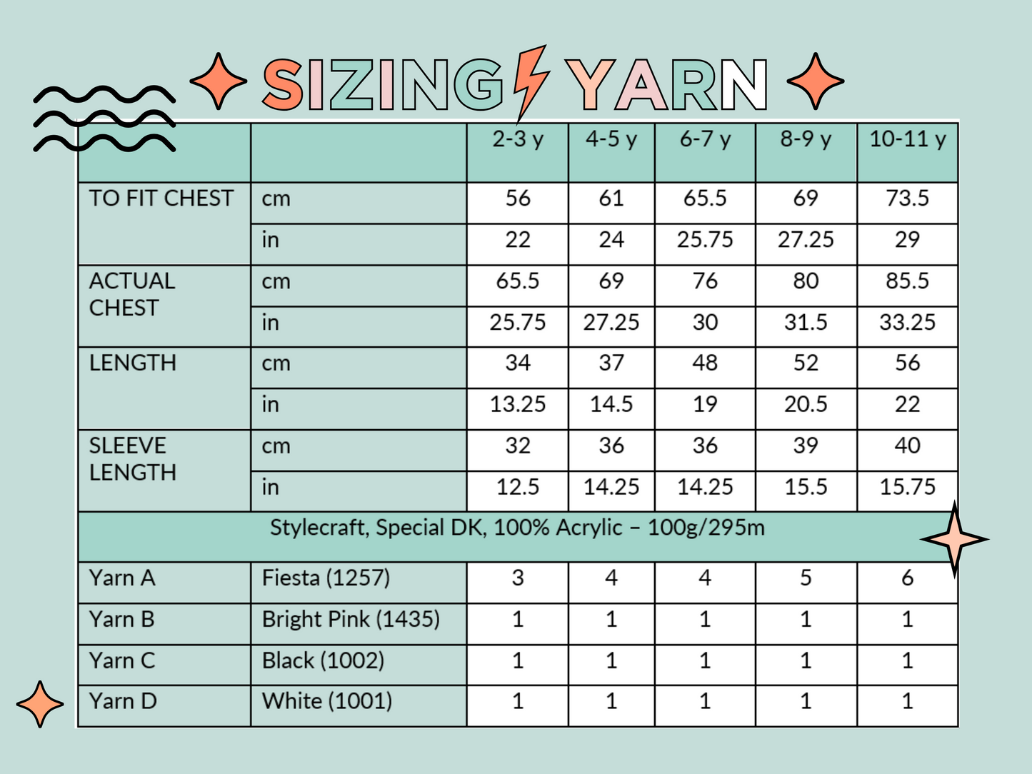 sizing chart for Pink knitted hoodie with cartoon face design on the back and black spikes on the hood, knitting pattern for kids hooded cardigan jane burns