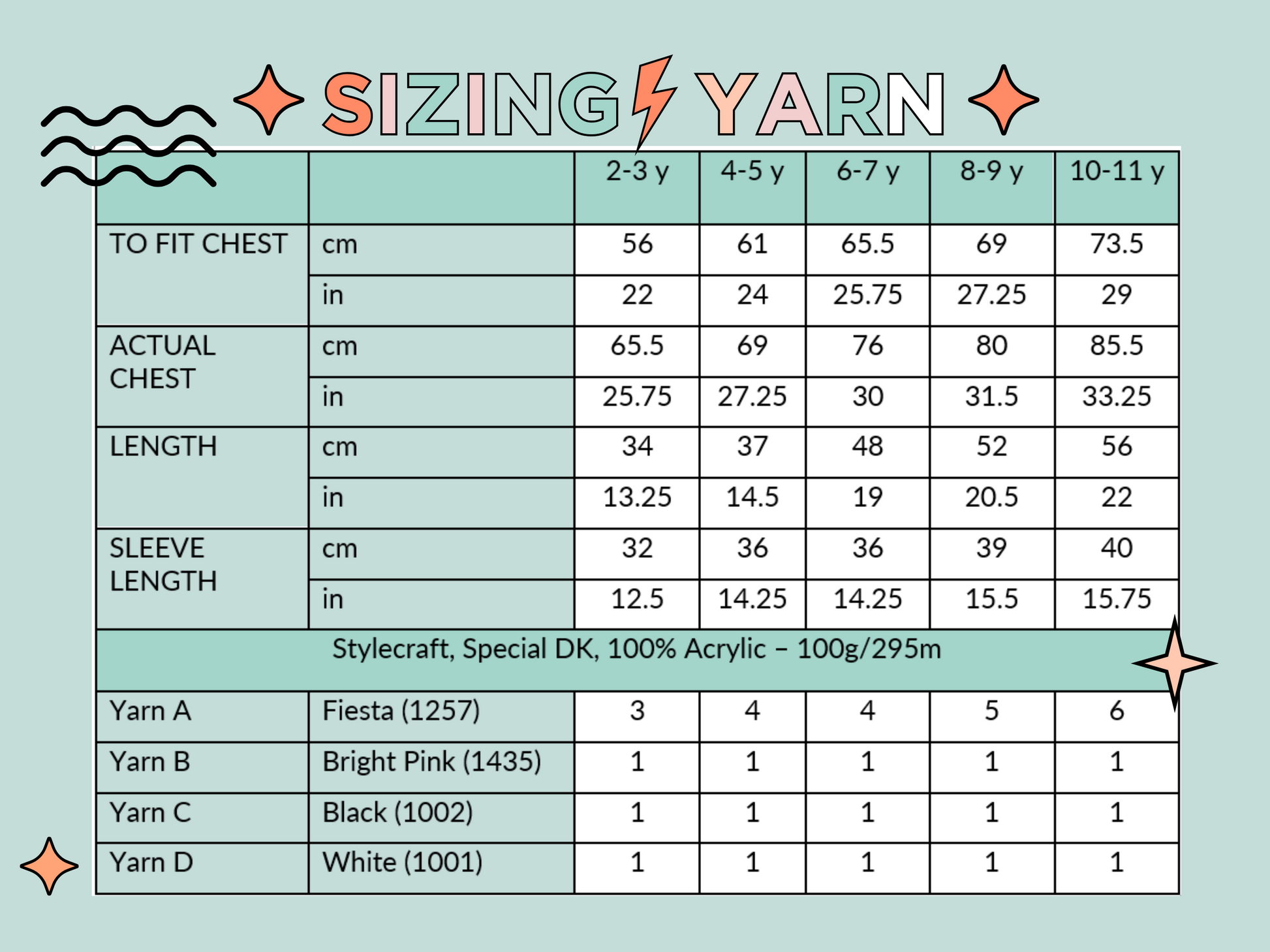 sizing chart for Pink knitted hoodie with cartoon face design on the back and black spikes on the hood, knitting pattern for kids hooded cardigan jane burns